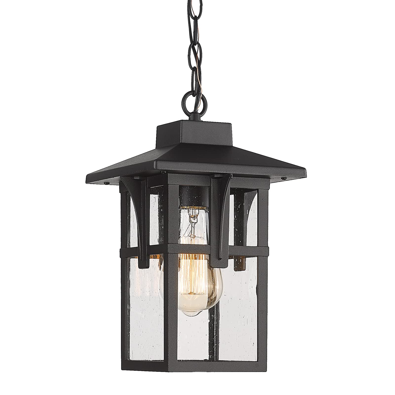 Outdoor Pendant Lights for Porch, HWH Exterior Hanging Porch Light, Farmhouse Outdoor Pendant Lighting with Height Adjustable Chain, Seeded Glass Shade, Matte Black Finish with Gold Edge, 5HX62H BG