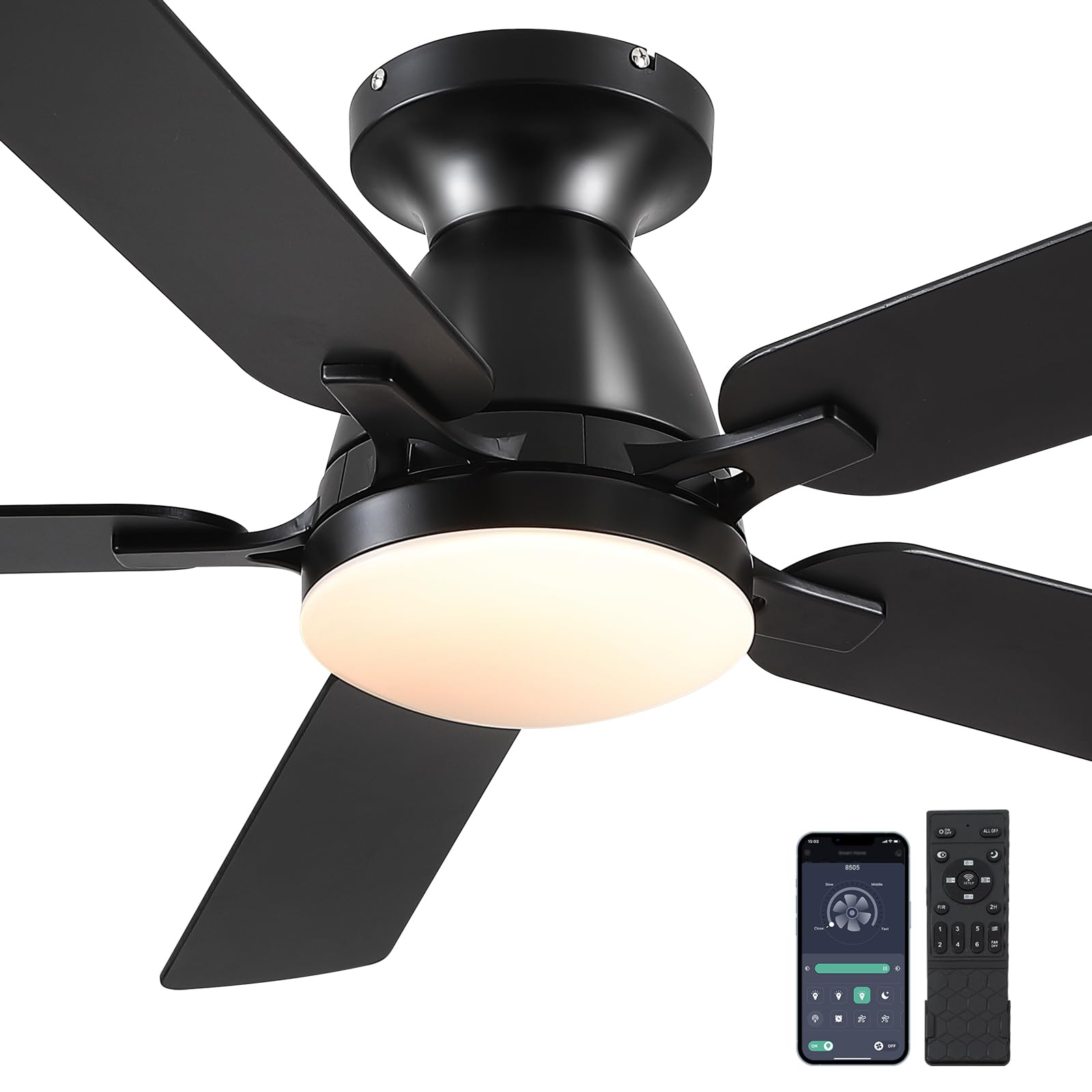 Ceiling Fans with Lights- 46"Low Profile Indoor Ceiling Fan with Light and Remote/APP Control, Flush Mount, LED Dimmable DC Reversible Modern Ceiling Fan for Bedroom（Black）