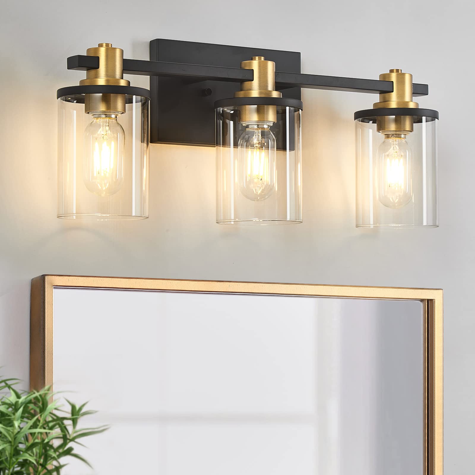 3 Light Bathroom Vanity Light, Black and Gold Bathroom Light Fixtures with Clear Glass Shade, Matte Black Finish, Brushed Gold Copper Accent Socket, Modern Gold Vanity Lights for Bathroom Over Mirror