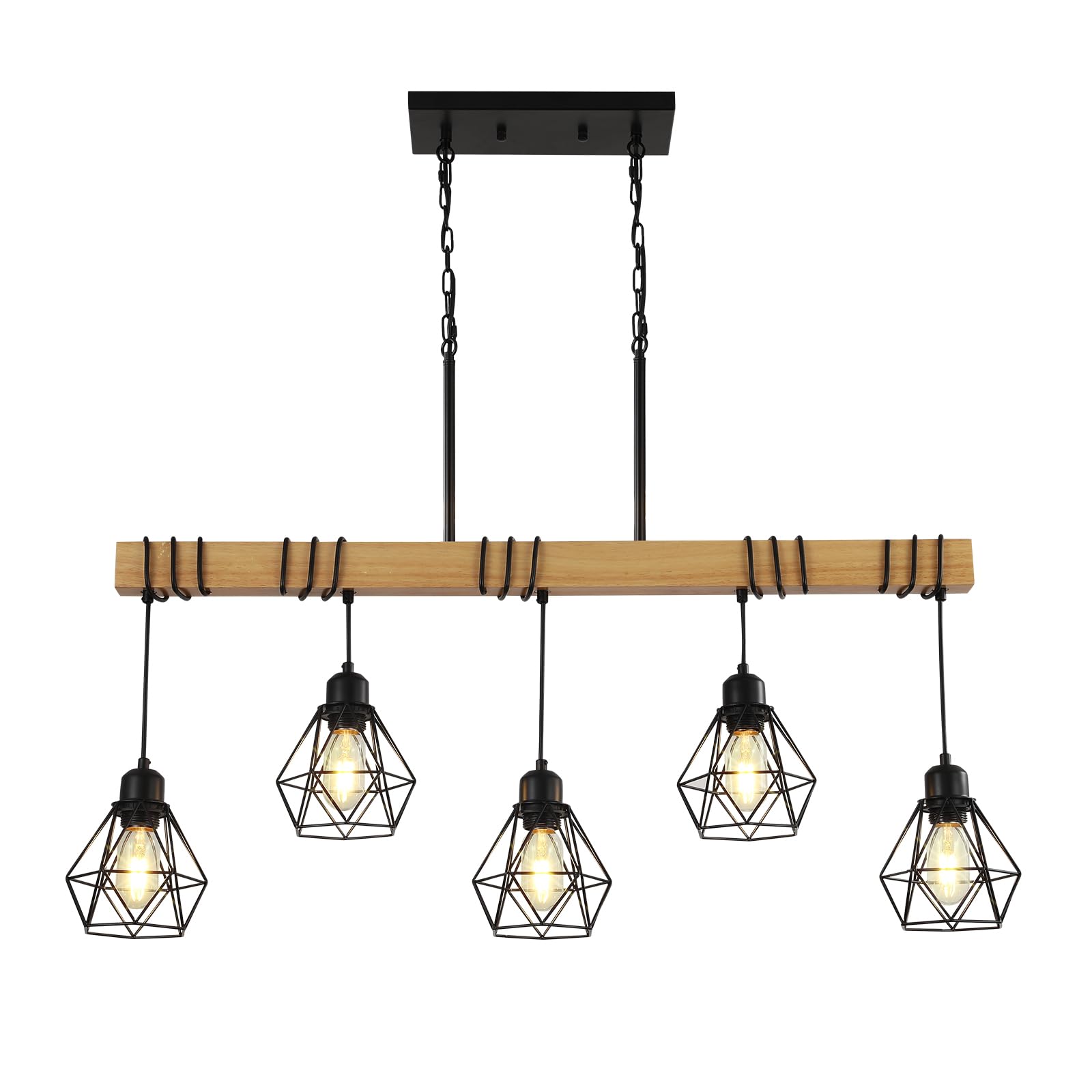 5-Light Kitchen Island Lighting,Modern Chandelier Over Table, Dining Room Light Fixture Hanging for Modern Farmhouse Linear Chandeliers Black Rustic Wood Ceiling Pendant Light Fixtures