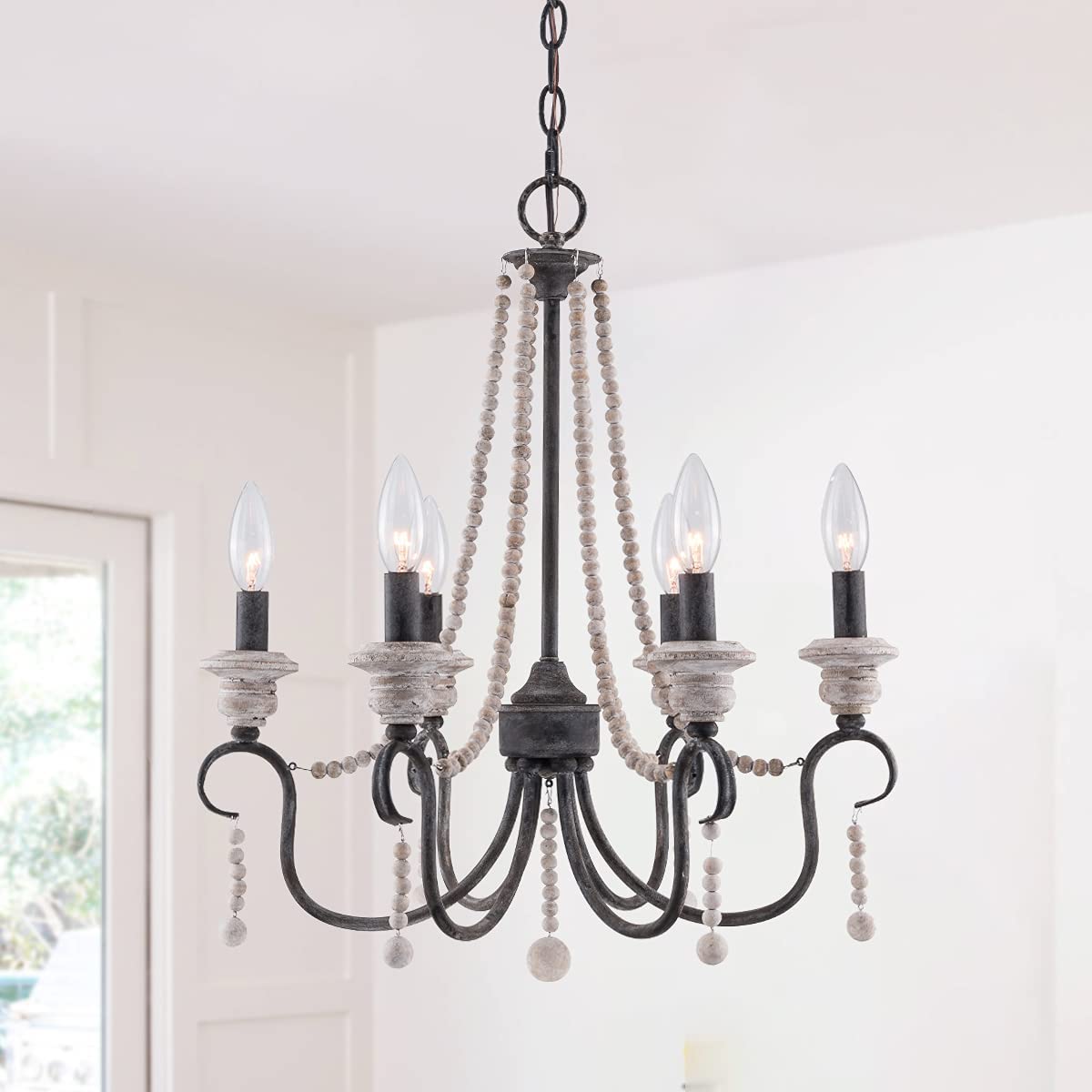 Wooden Beaded Chandelier with 6 Candle Light, Farmhouse Wood Chandelier Pendant Ceiling Light (Rustic)