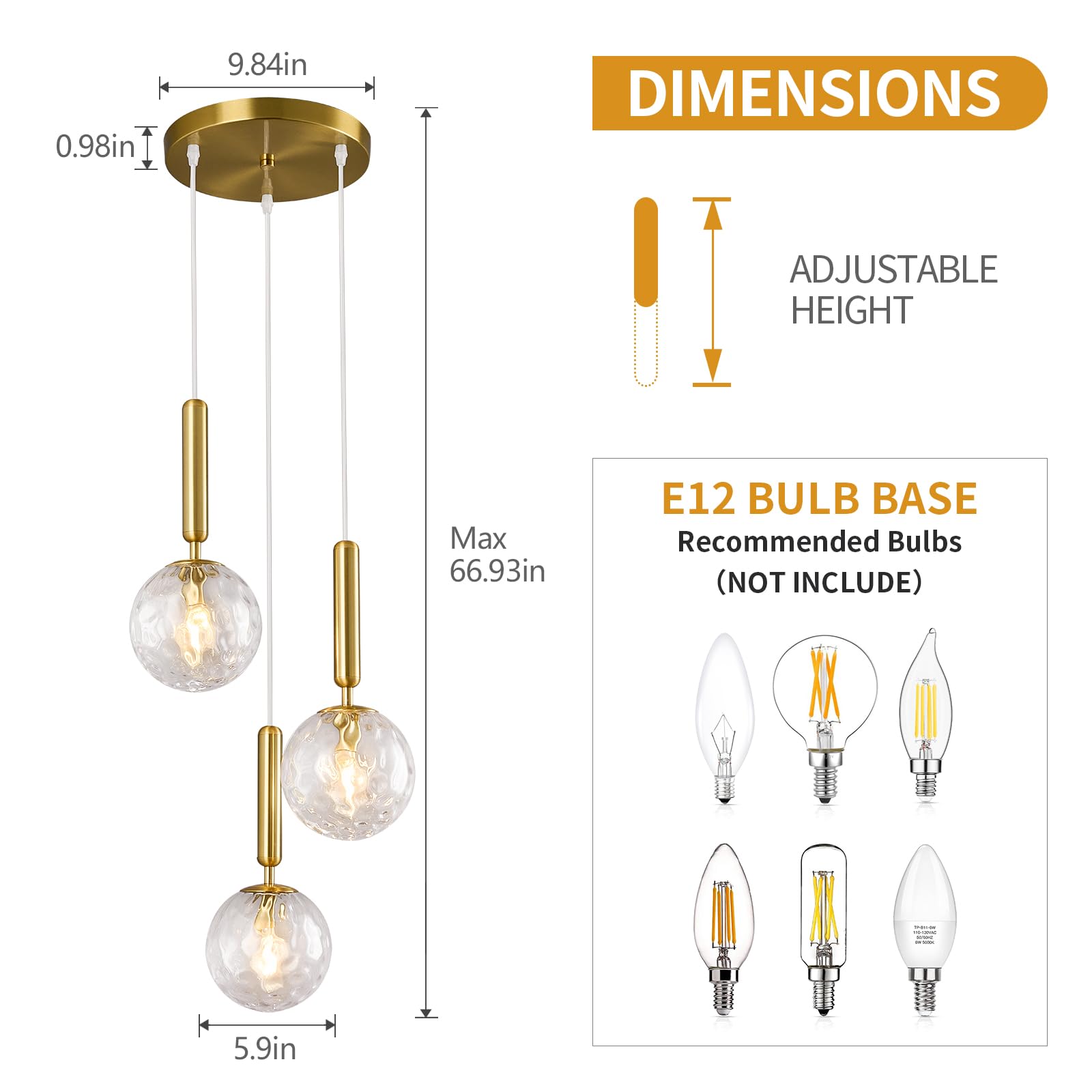 Mid Century Globe Pendant Light with Clear Glass for Kitchen Island Modern Gold Finish Hanging Light Fixture Retro Round Pendant Lighting for Living Room Bedroom Entryway(3-Light)