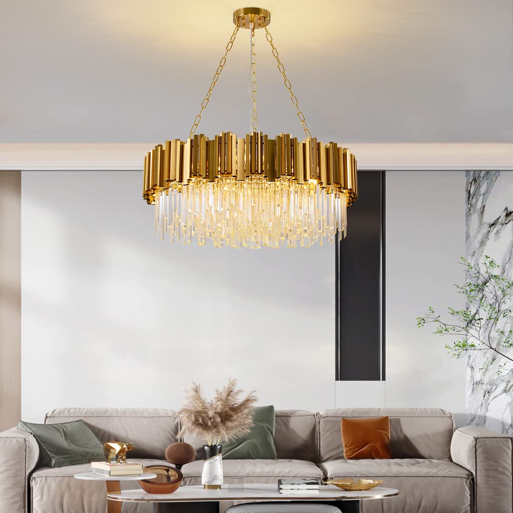 Modern K9 Crystal Pendant Lighting, Round Gold Crystal Chandelier Contemporary Luxury Pendant Ceiling Lighting Fixture for Dining Living Room Kitchen Island, Antique Gold