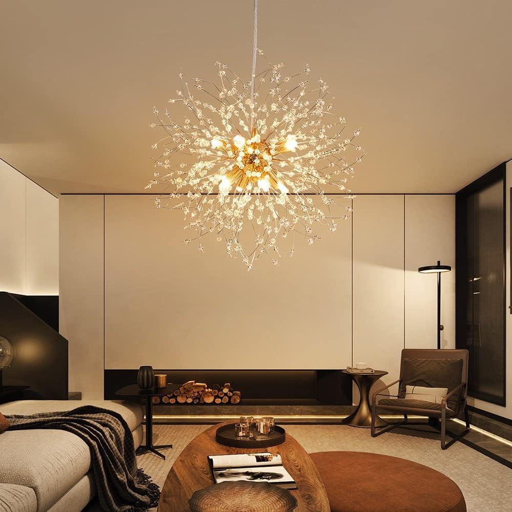 Dandelion Crystal Chandeliers, Modern Design, Firework Pendant Light Fixture for Living Space, H17'' x D17'', Adjustable Chains 59'', G9*9 Sockets, Brilliant Gold Finish Frame