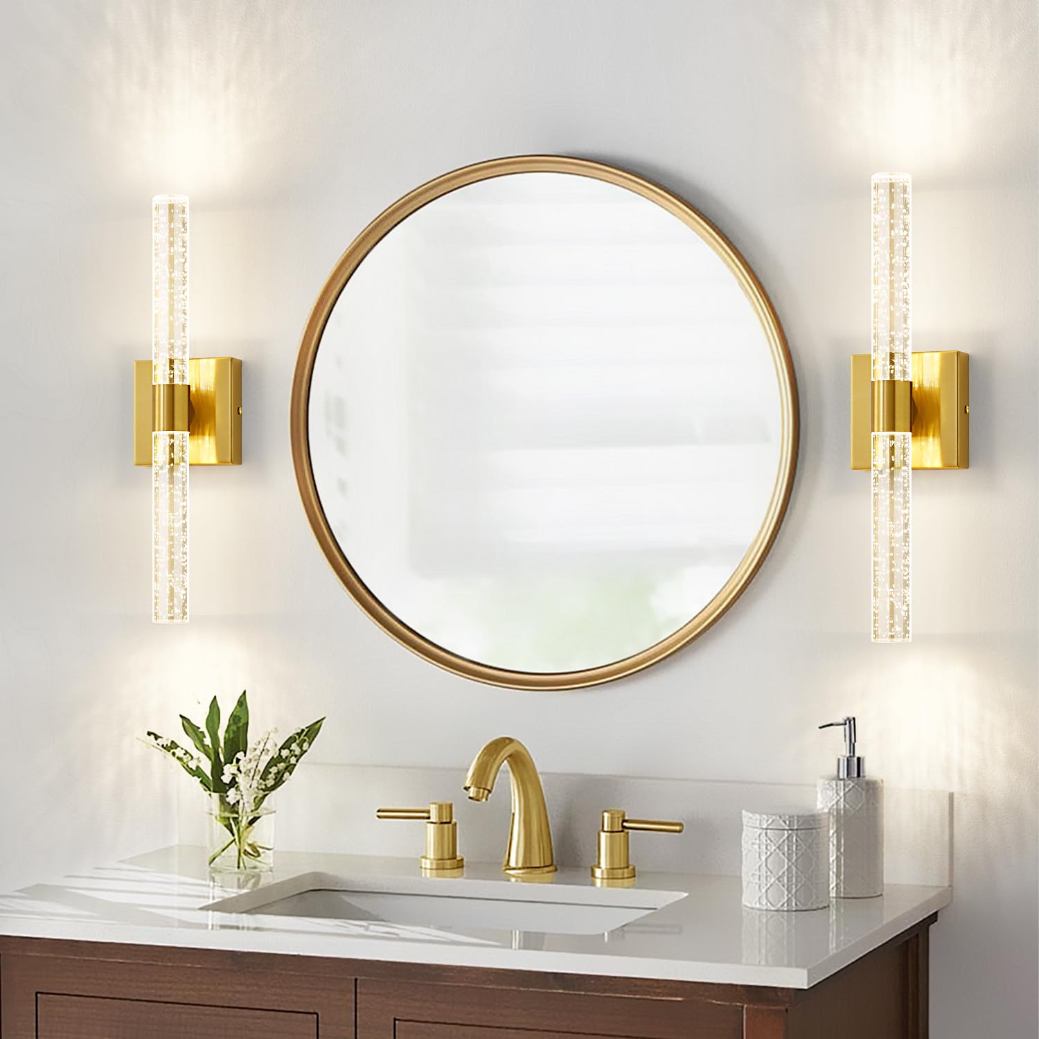 Gold Wall Sconce, Bathroom Light Fixtures in Clear Glass Indoor Wall Sconces, Modern Sconce Wall Lighting Up and Down Vanity Lights Fixtures for Bathroom,Living Room,Hallway, Kitchen