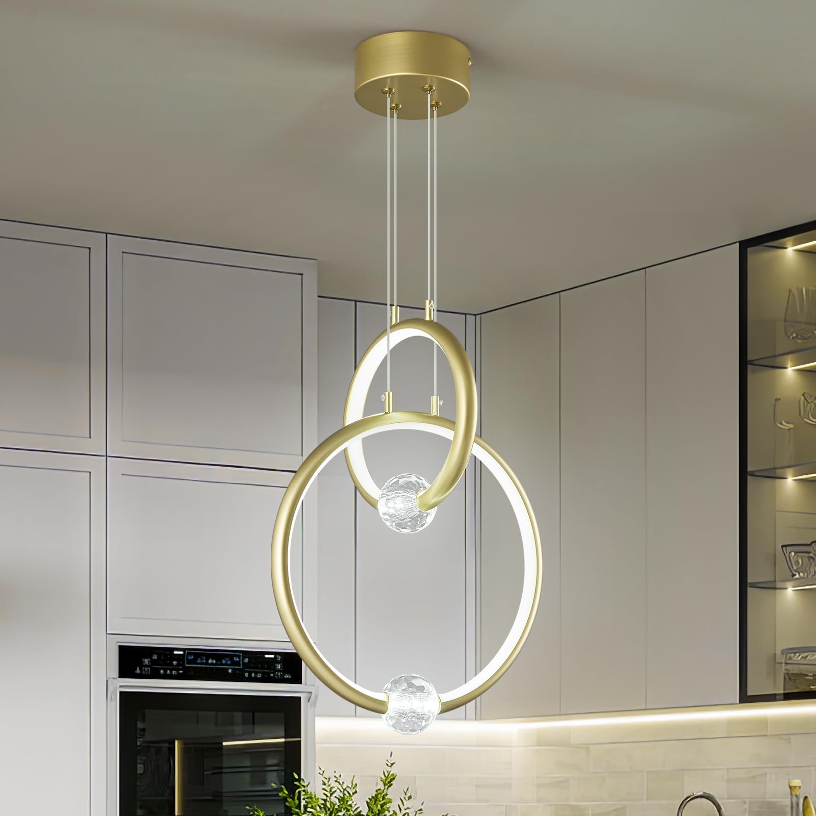 Modern LED Pendant Light Fixtures,2-Ring Dimmable Chandelier 6000K,Adjustable Height Ceiling Hanging Light Gold Pendant Lights for Kitchen Island Dining Room Bedroom(15.8in*11.8in)