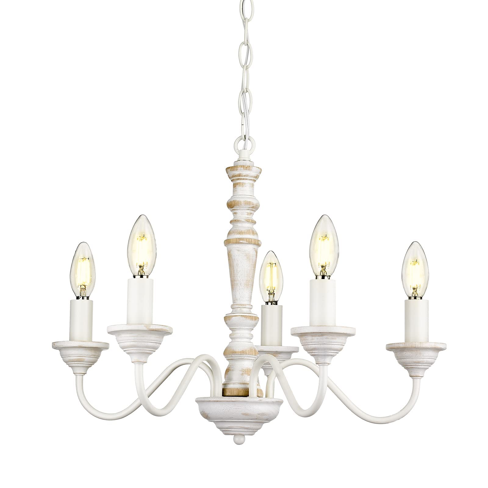 Chandelier, 21" Farmhouse Wood Chandelier, 5-Light Rustic Candle Pendant Light Fixtures for Dining Room,Living Room,Kitchen,Bedroom, LED Bulb Included, Handmade Distressed White