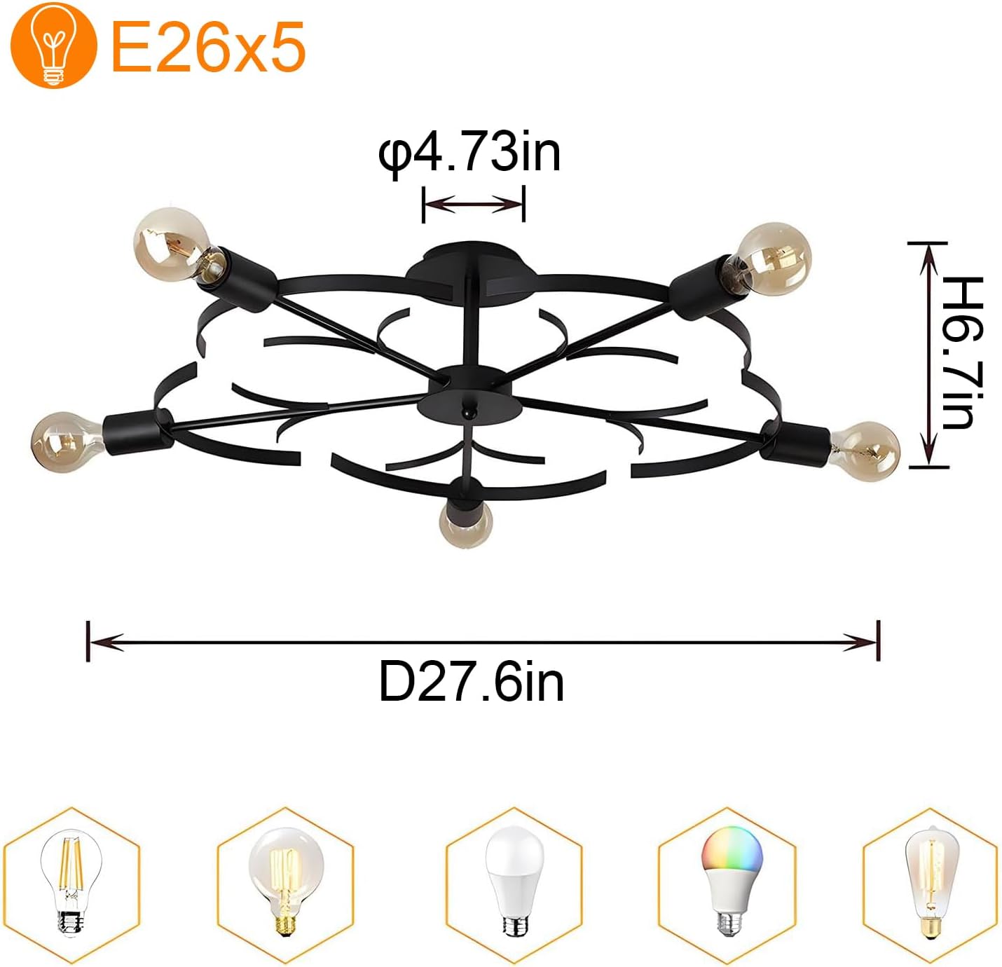 Semi Flush Mount Ceiling Light, Modern Black Metal Dining Room Light Fixture with Flower Shape, E26 Mid Century Close to Ceiling Light Fixtures for Living Room Bedroom Kitchen 5 Lights