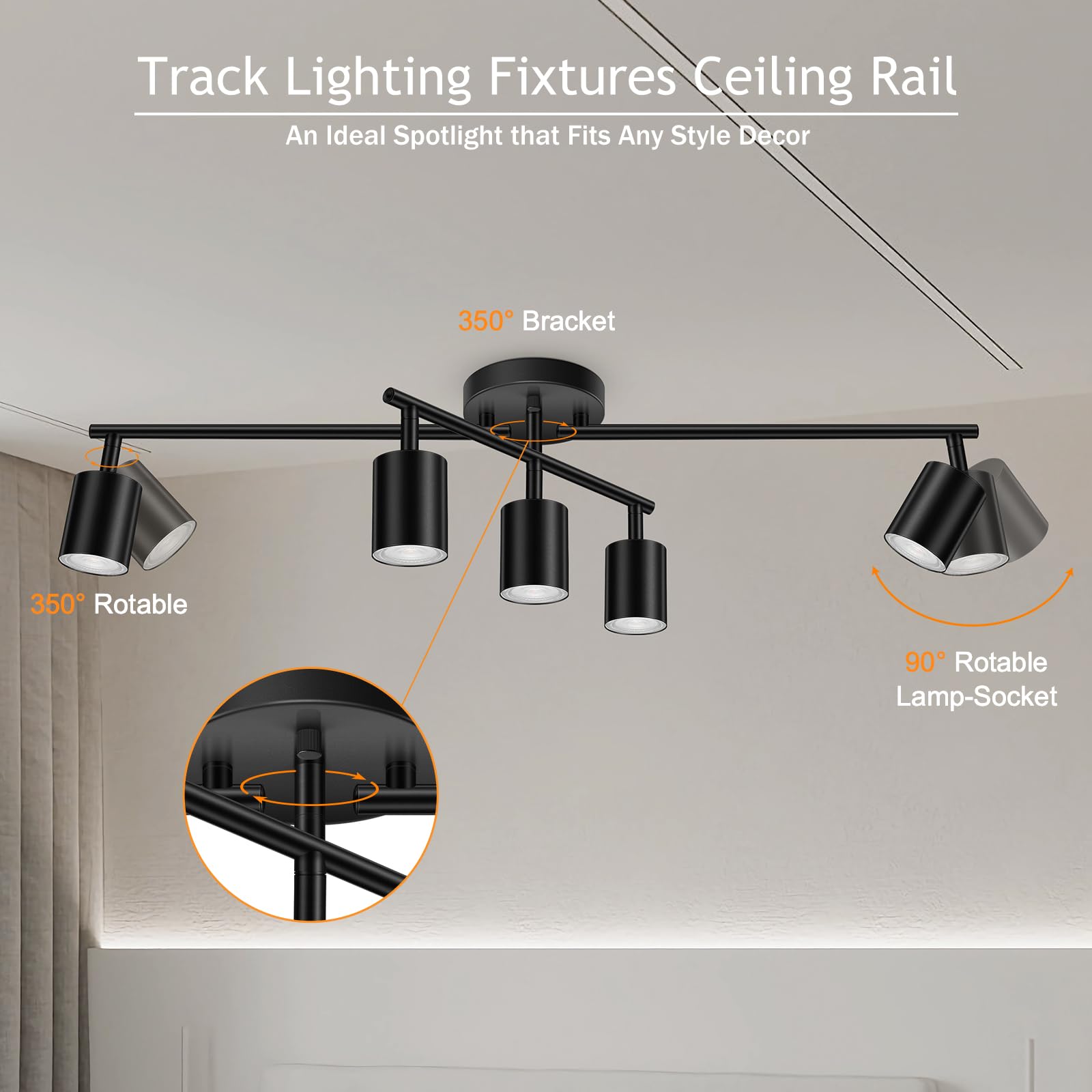 LED 2 Light Track Lighting Kit, Black 2 Way Ceiling Spot Lighting, Flexibly Rotatable Light Head for Kitchen, Living Room, Bedroom, GU10 Bulb Not Included