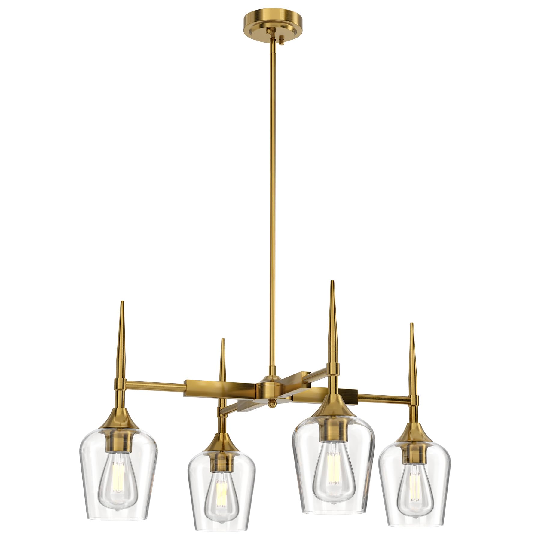 4 Light Chandelier for Dining Room, Farmhouse Chandelier with Cylinder Clear Glass Shade, Modern Chandelier for Kitchen Bedroom Living Room Foyer, Pendant Light with Gold Finish