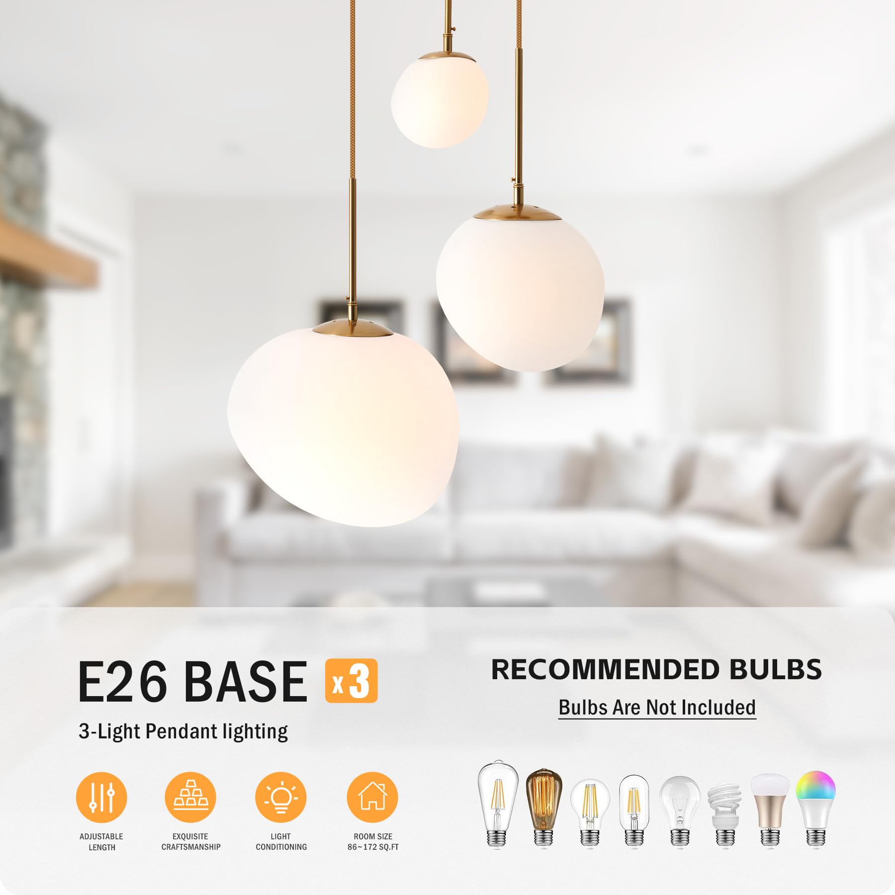 Modern 3 Lights Glass Pendant Light Smoky Gray Glass Globe Cluster Chandelier Lighting Fixtures Black Adjustable Kitchen Island Hanging Pendant Lighting Nordic Multi Lights Pendant Lamp