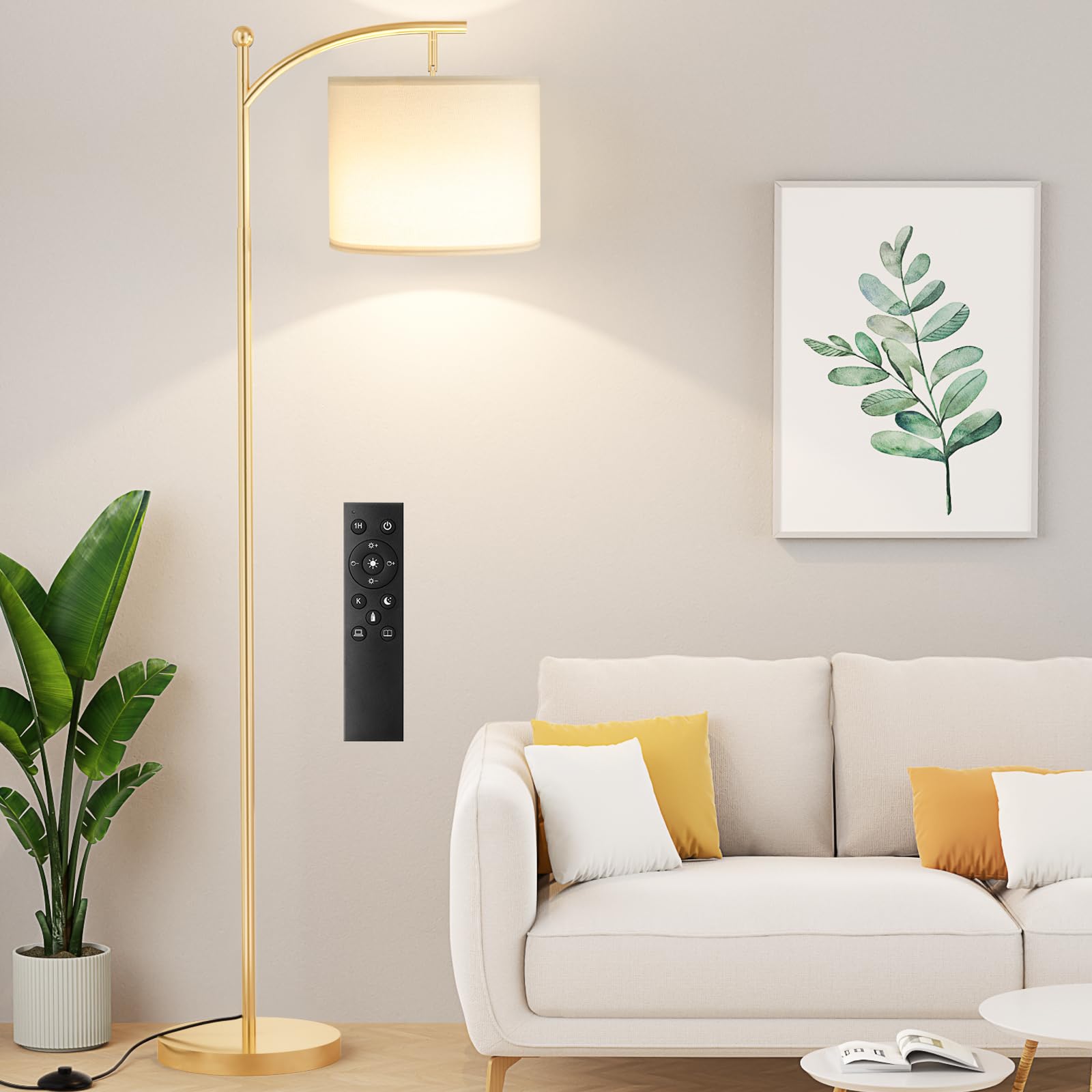 Floor Lamp with Remote Control and Stepless Dimmable Bulb, Colors Temperature & Brightness Adjustable, Modern Floor Lamps for Living Room（Beige Shade & Black Pole）