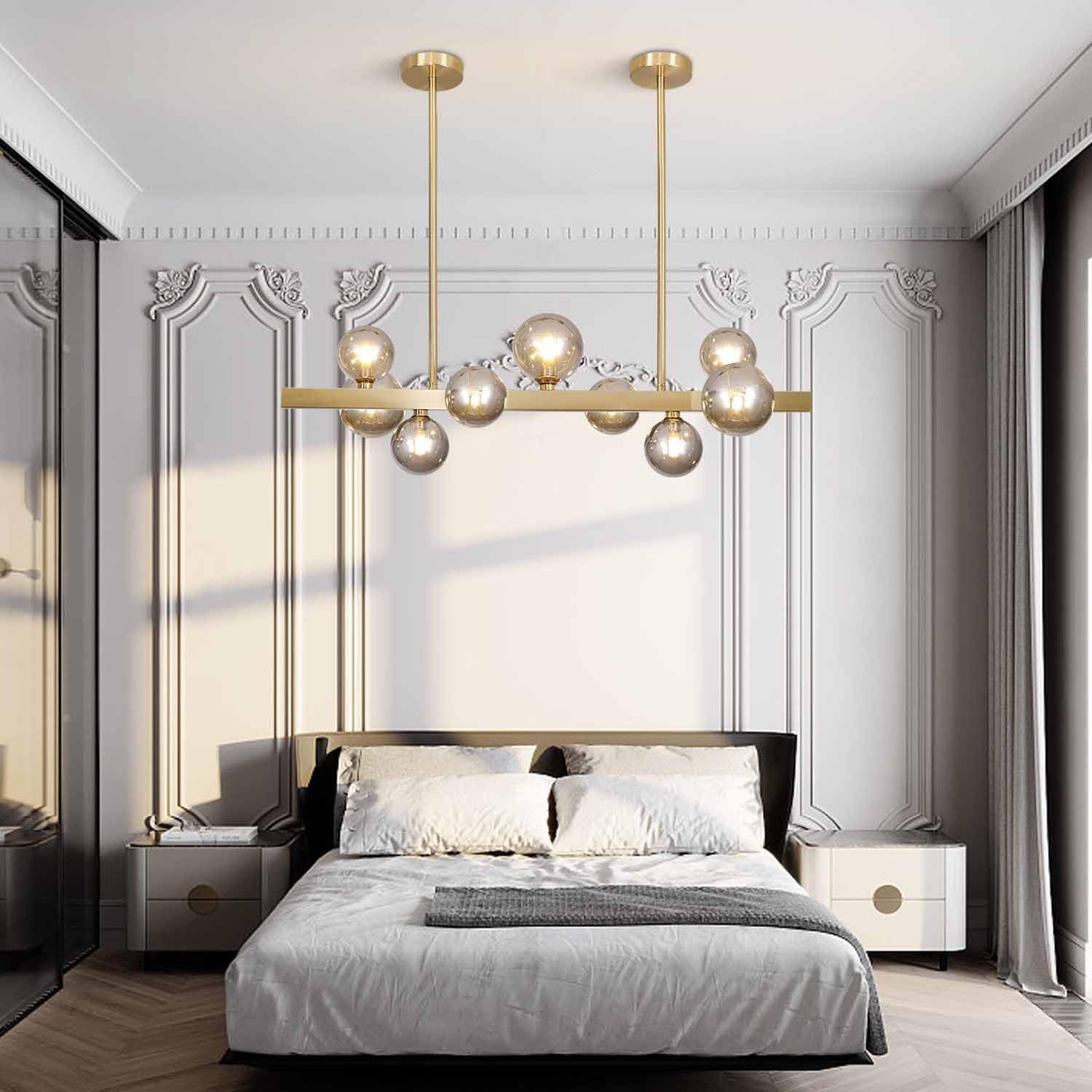 BOKT Modern Gold Chandelier 7-Lights Frosted Glass Globe Pendant Light Kitchen Island Linear Hanging Lighting Fixtures for Living Room Bedroom Dining Room Corridor