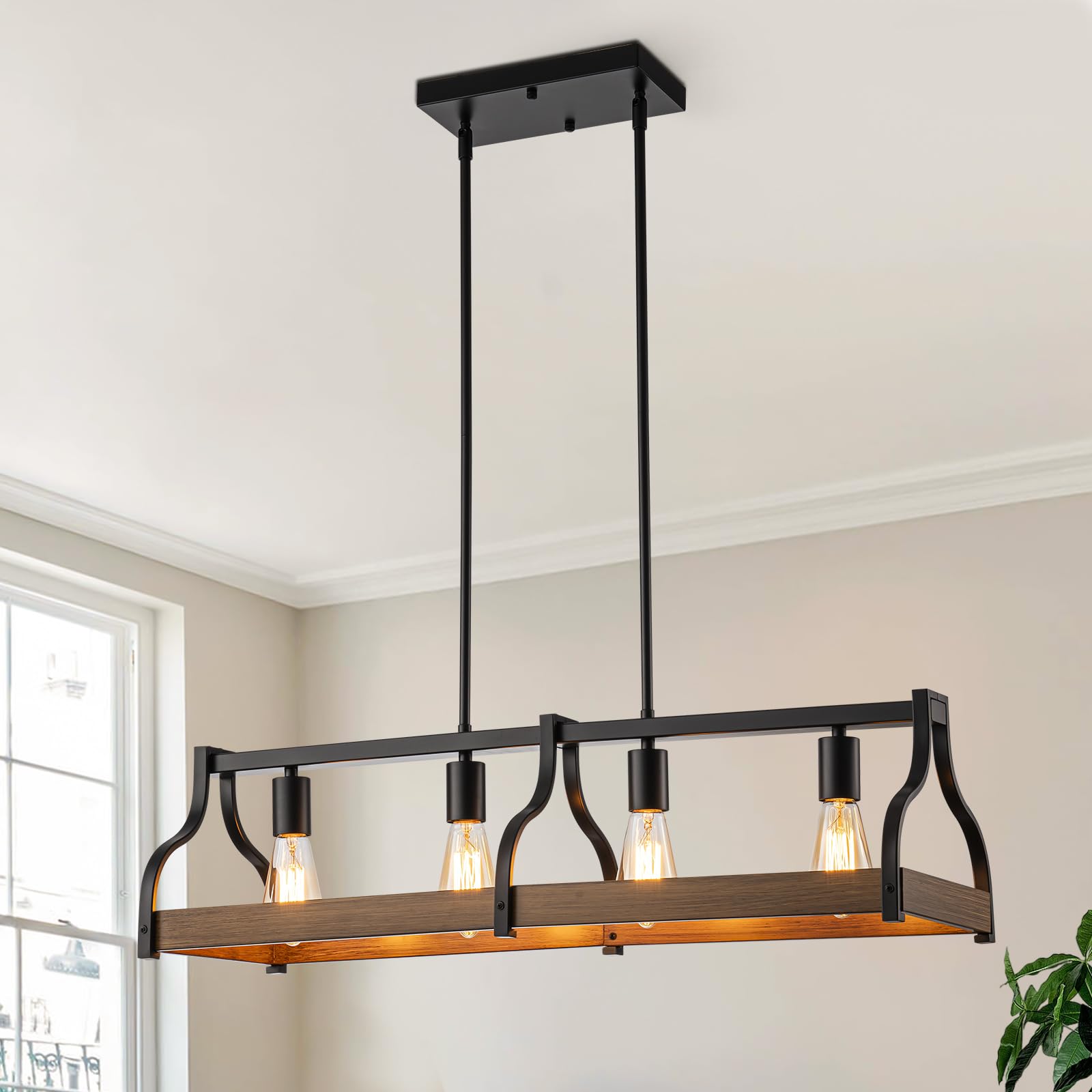 Farmhouse Kitchen Island and Dining Room Chandelier,Rustic 4-Light Linear Pendant Light Fixture with Adjustable Height and High Brightness,Black Industrial Hanging Light