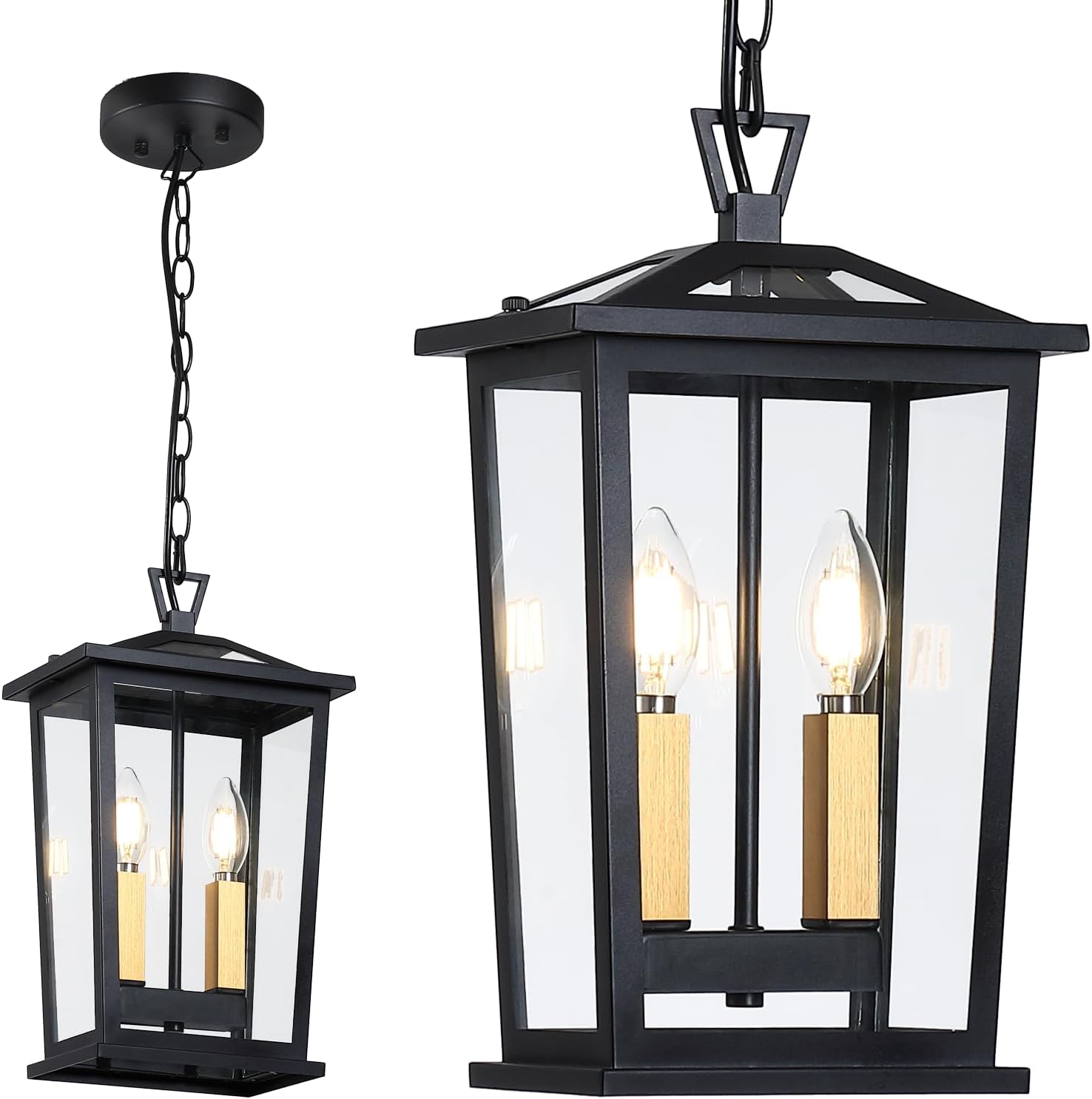 Large Outdoor Porch Pendant Light, Waterproof Exterior Hanging Lantern Chandelier for Front Porch Entryway, Dual E12 Brushed Gold Sockets, Black Metal Ceiling Mount with Clear Glass Shade