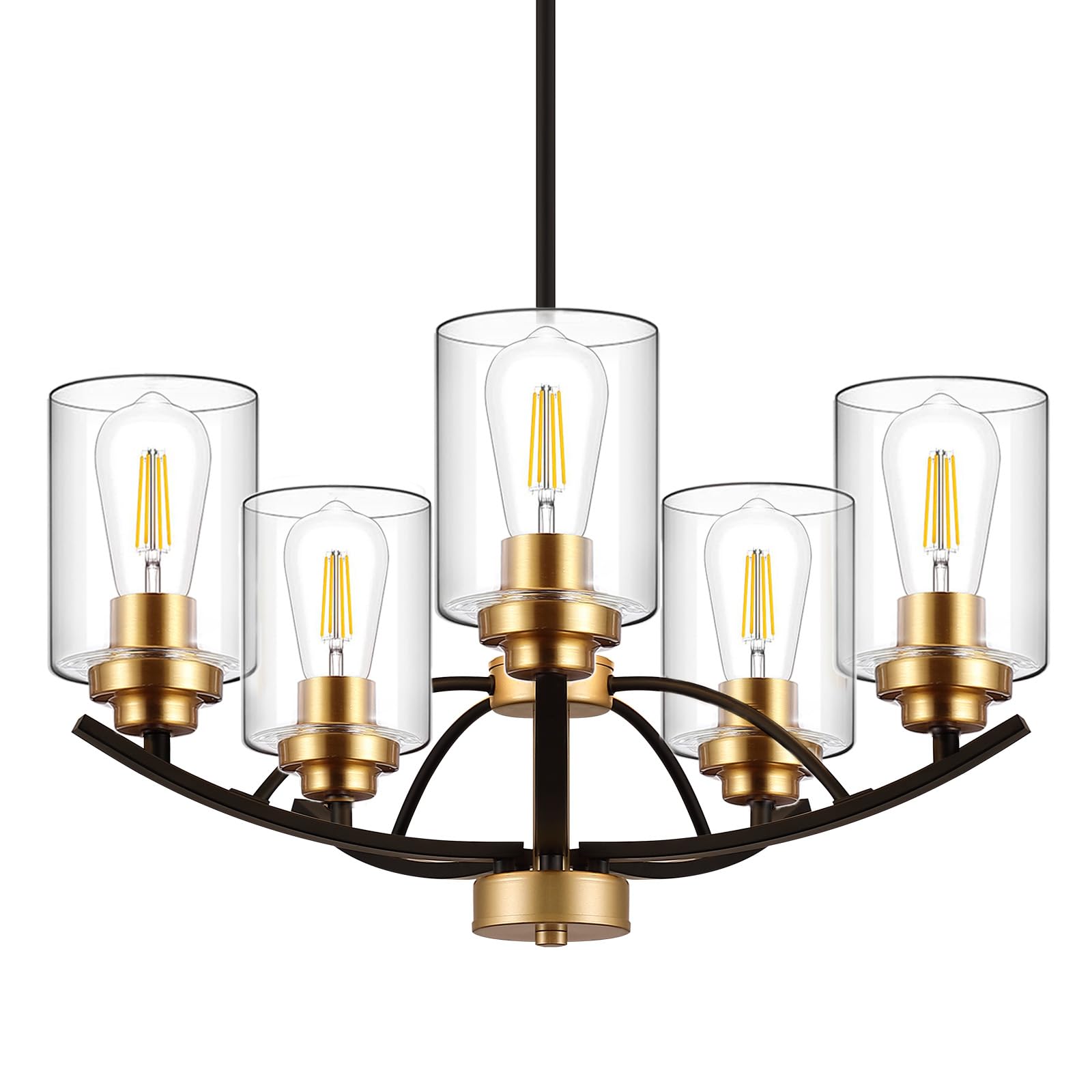 5 Lights Glass Chandelier,Modern Kitchen Island Lighting Black and Gold Metal Dining Room Light Fixture for Living Room Foyer,E26