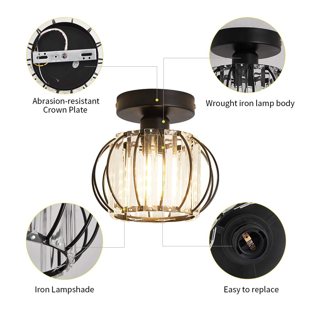 Semi Flush Mount Ceiling Light Fixture Antique Small Crystal Chandelier Indoor Lighting for Bathroom Hallway Cafe Bar Porch Hall（Black）