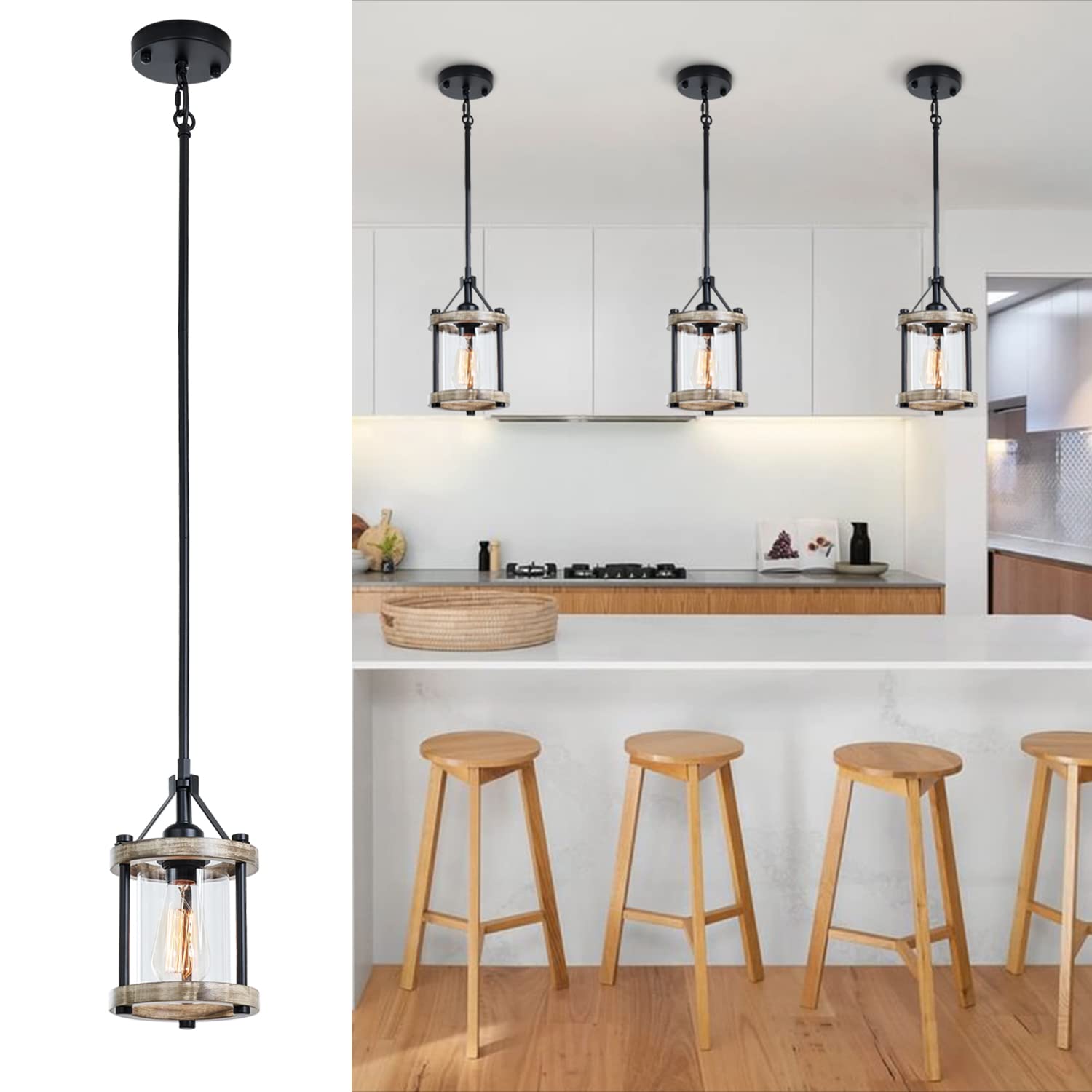 Farmhouse Pendant Light in Wood and Metal Cage, Rustic Brown Wood Pendant Light with Glass, Adjustable Hanging Light Fixtures, Mini Pendant Lighting for Kitchen Island, Hallway, Foyer, 1 Pack