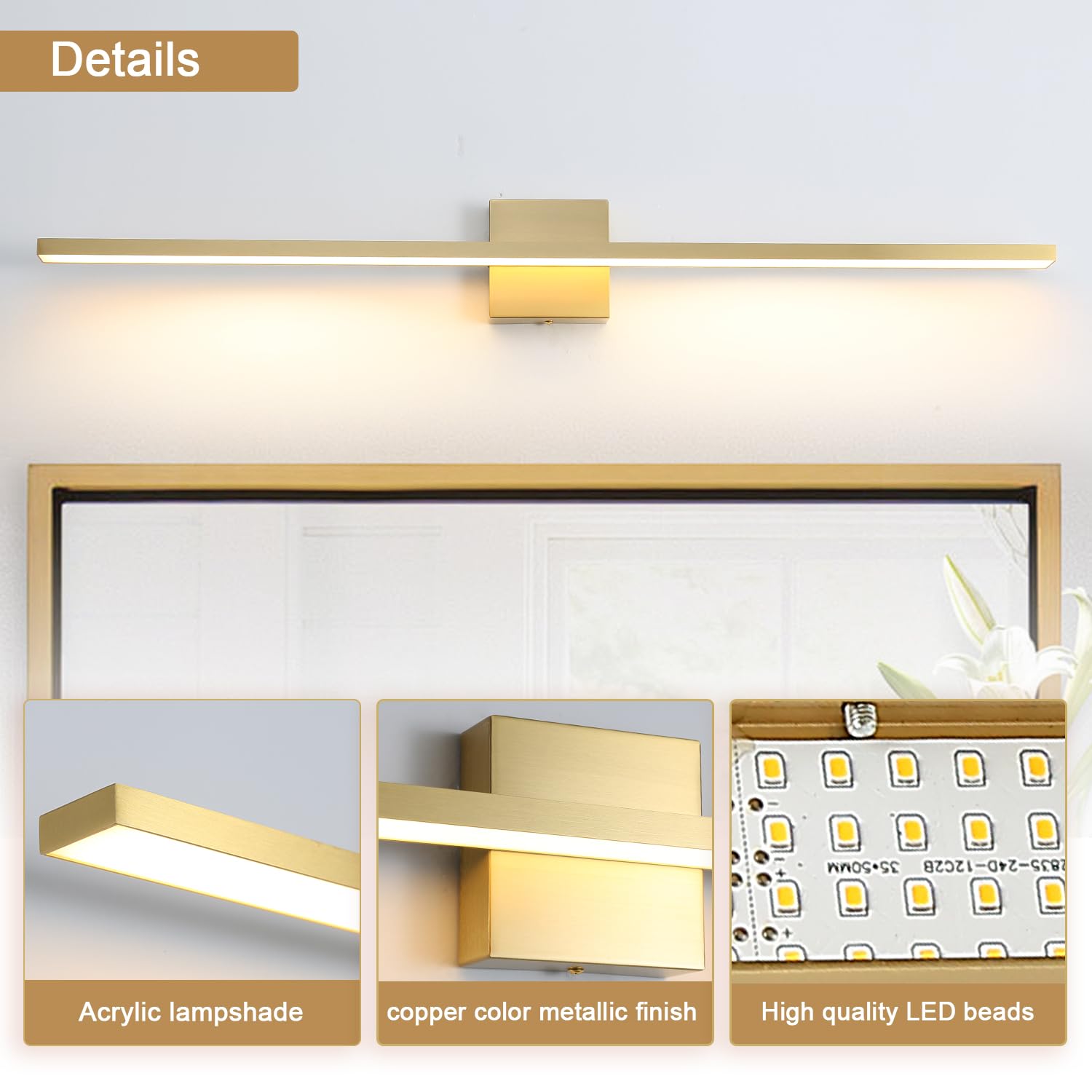 Gold Bathroom Light Fixtures Over Mirror, 20 Inch Brushed Brass Bathroom Vanity Light, LED Modern Wall Sconce 3000K Bar Vanity Lights for Bathroom Mirror Cabinets Bedroom