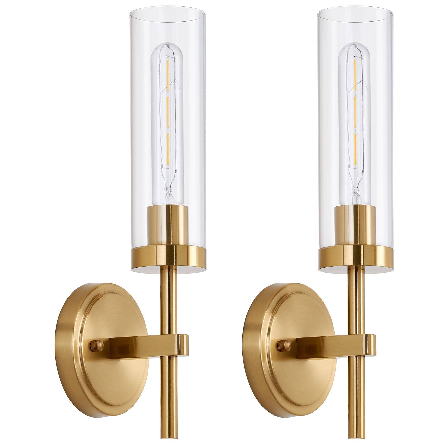 Gold Wall Sconces Set of 2, Modern Bathroom Sconces Wall Lighting Vanity Light Fixtures with Clear Glass, Brushed Brass Wall Mount Lights for Living Room Corridor Mirror Bedroom Stairs