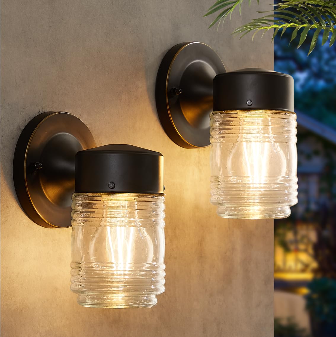 Outdoor Wall Sconces, 2-Pack Wall Lights Fixture, Exterior Farmhouse Porch Light with Hammered Metal Shade, Anti-Rust Waterproof Black Outside Barn Light for Front Porch Patio Garage Gazebo House