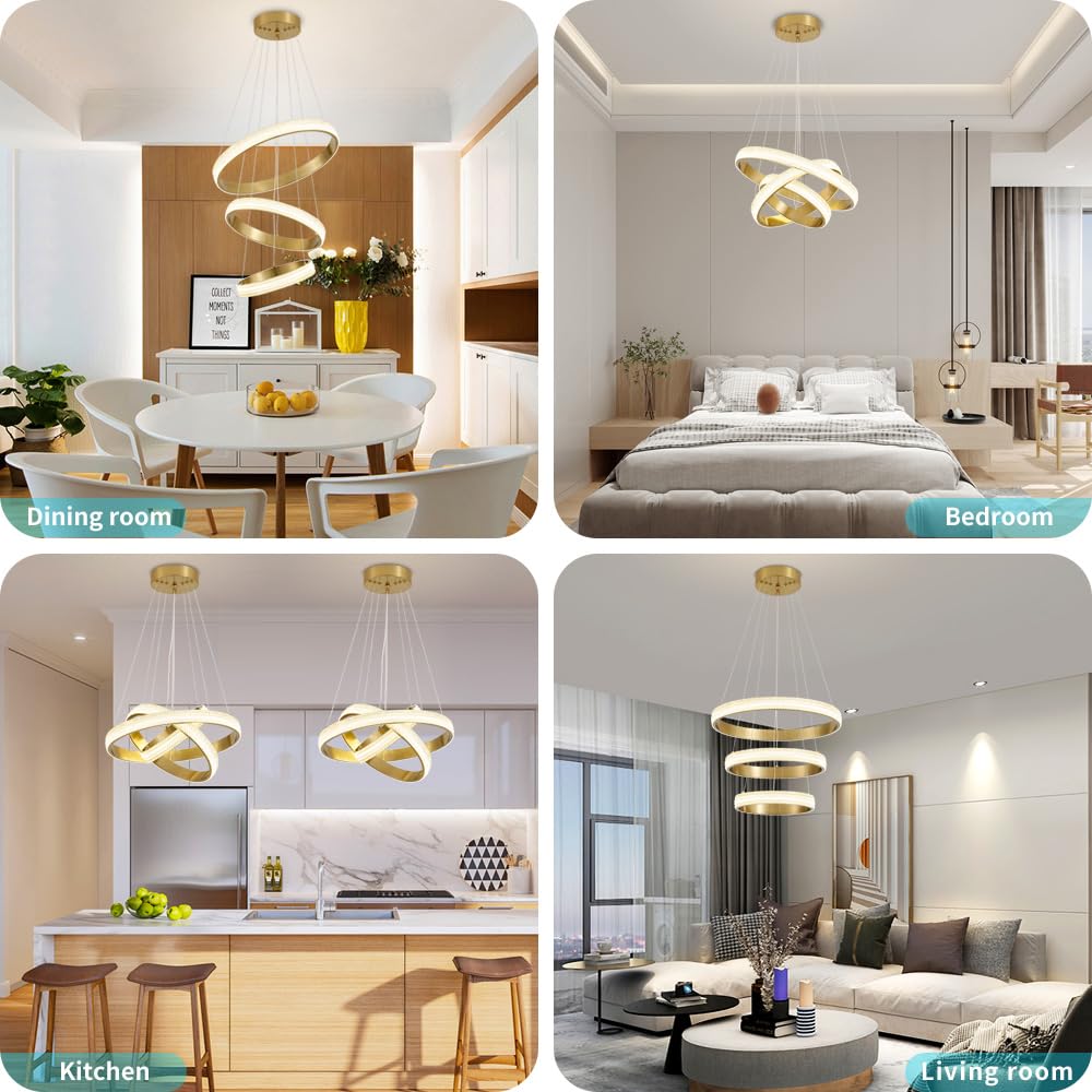 Modern LED Chandelier Dimmable 2 Ring Gold Pendant Light Acrylic 34W 4000K Height-Adjustable Modern Chandelier for Dining Room Living Room Bedroom Kitchen Island Foyer Stairway