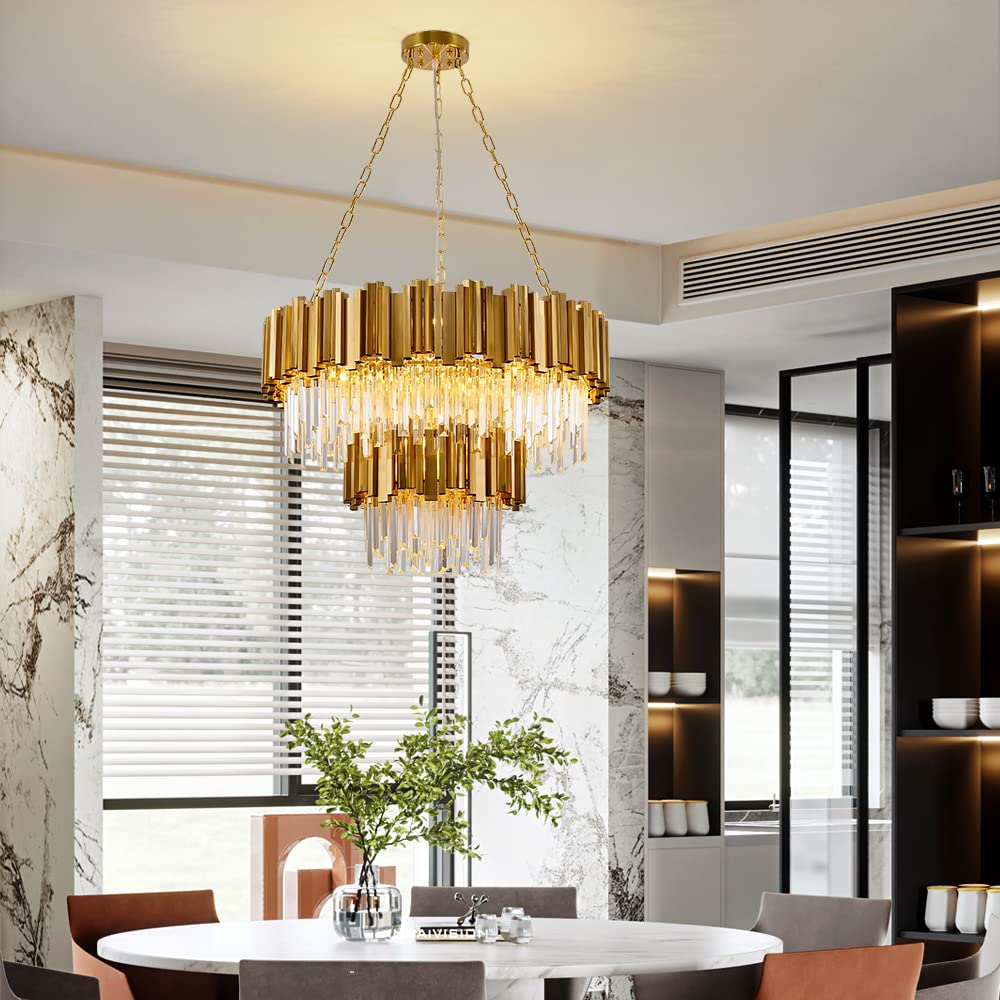 Modern K9 Crystal Pendant Lighting, Round Gold Crystal Chandelier Contemporary Luxury Pendant Ceiling Lighting Fixture for Dining Living Room Kitchen Island, Antique Gold