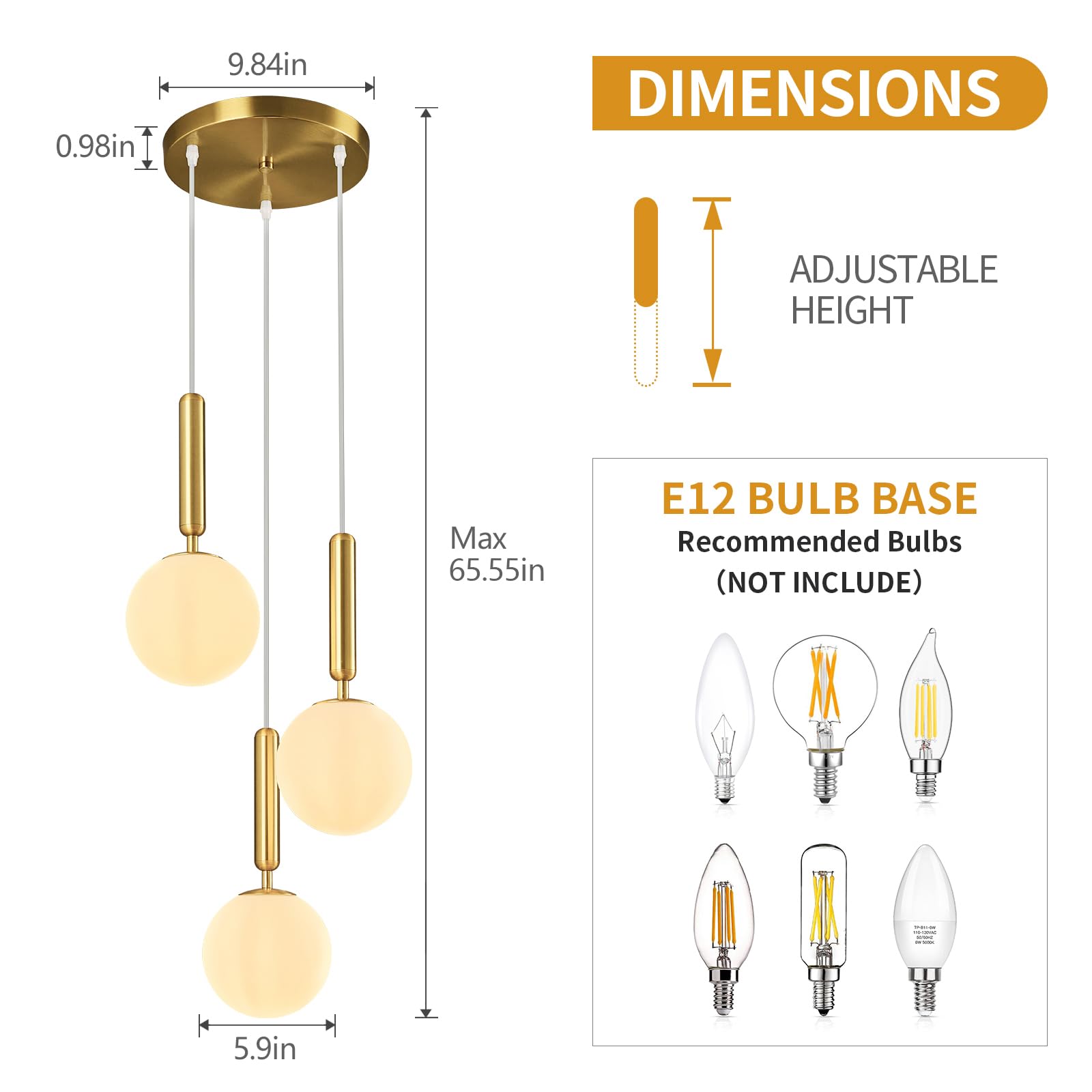 Mid Century Globe Pendant Light with Clear Glass for Kitchen Island Modern Gold Finish Hanging Light Fixture Retro Round Pendant Lighting for Living Room Bedroom Entryway(3-Light)