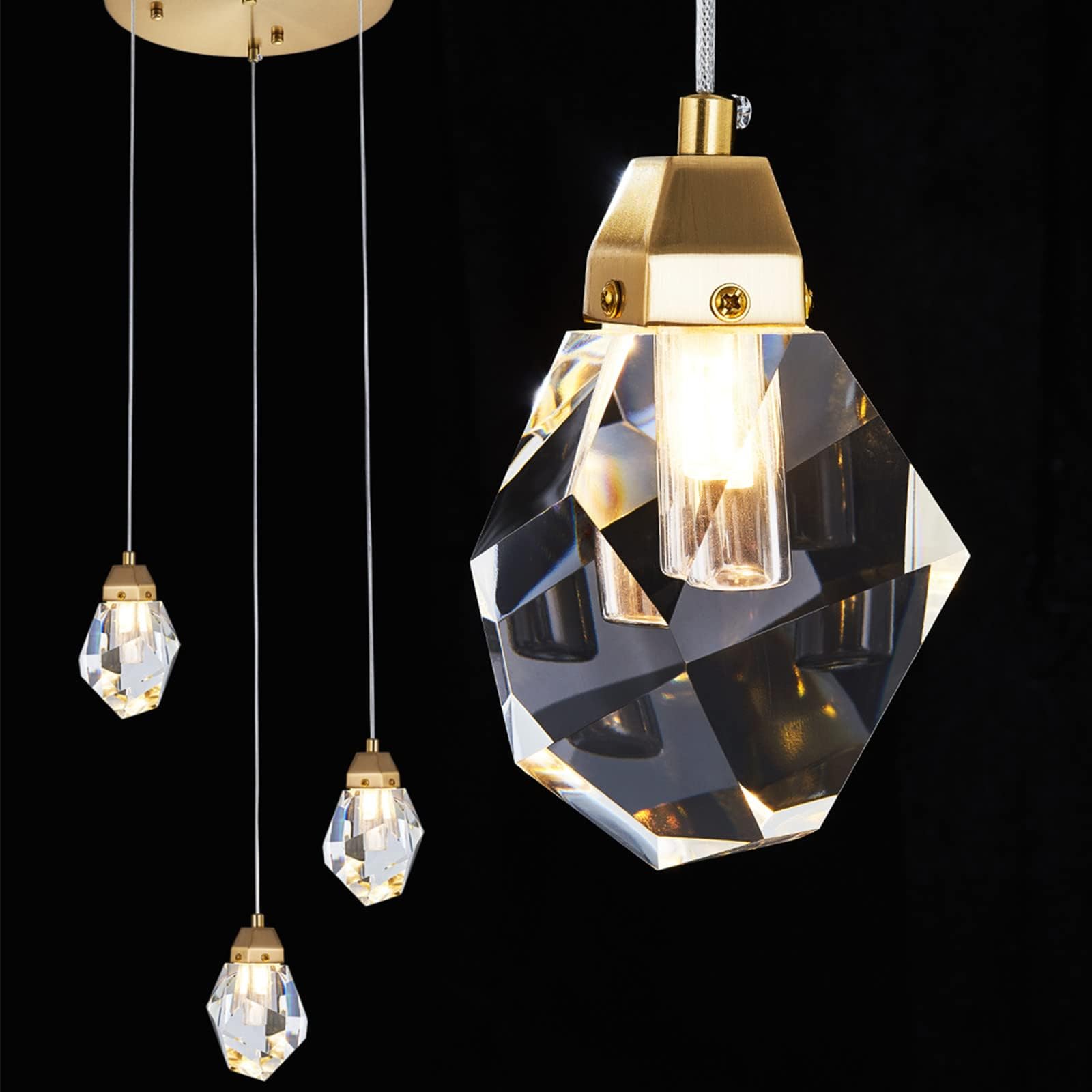 3 Lights Crystal Pendant Light Modern Cluster Chandelier - Dimmable LED Pendant Light Fixture with Brass Teardrop Design - Stylish Lighting for Kitchen Island, Dining Room, Hallway, Bathroom