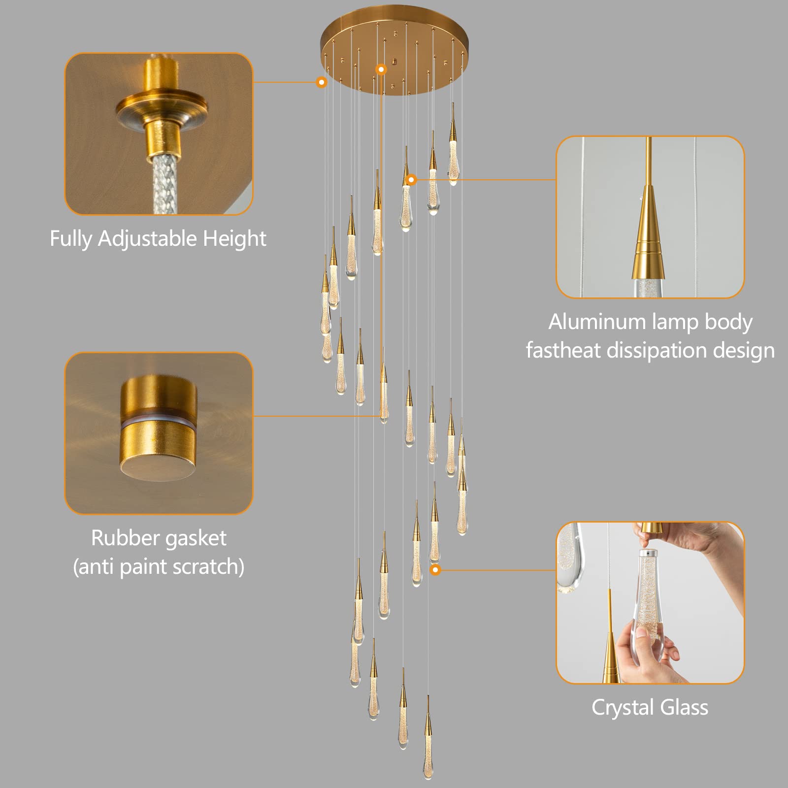 Kitchen Light Fixtures Ceiling Dimmable LED Modern Gold Pendant Light Mini Teardrop Crystal Pendant Light for Kitchen Island Bedroom Hallway Entryway (5-Light)