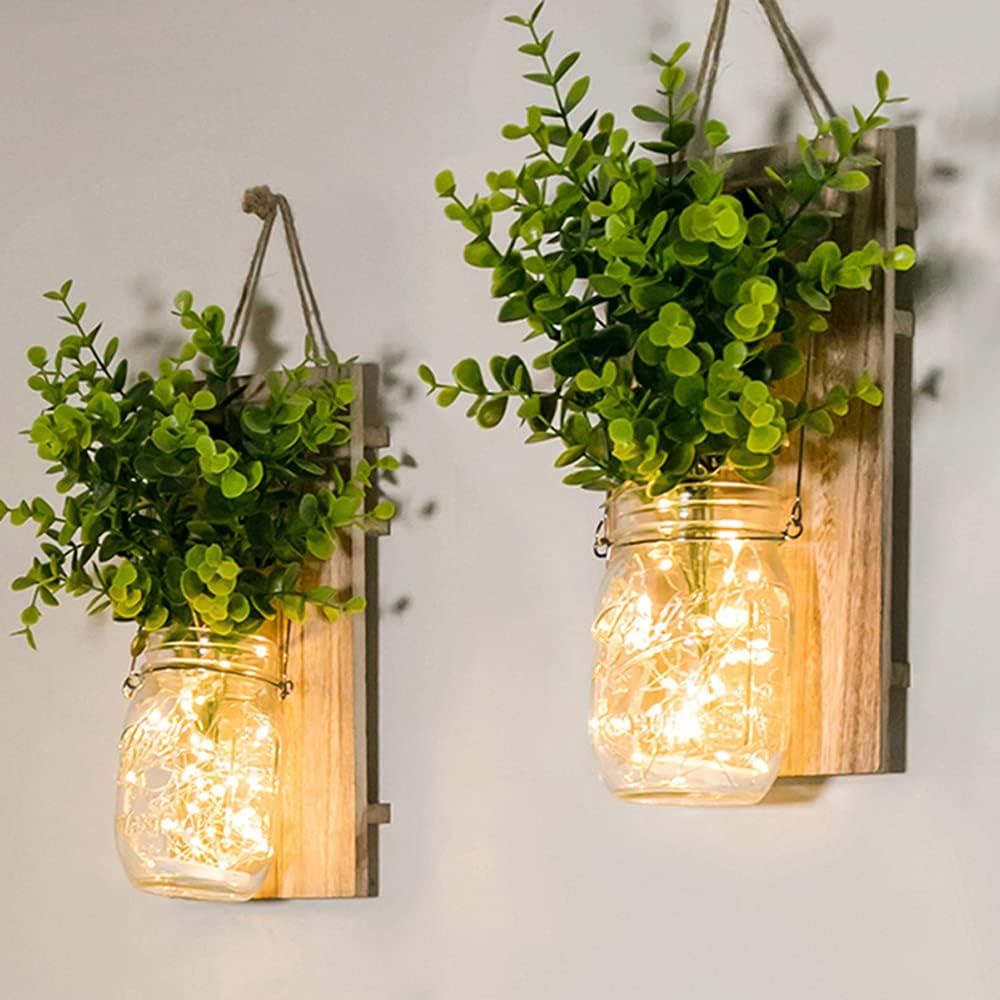 Rustic Wall Sconces, Mason Jar Sconces, Farmhouse Home Decor, LED Fairy Lights, Green Fake Plant, Interior Decoration Warm Toned Lighting. (2 Pack)