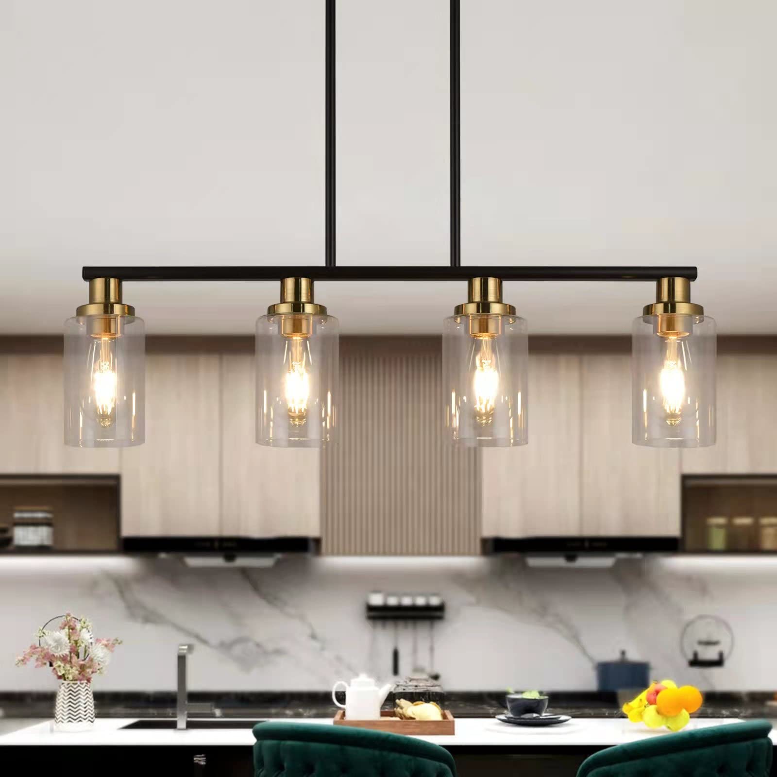 Kitchen Island Lighting, 4-Light Dining Room Light Fixtures Over Table, Gold Linear Chandelier for Dining Room Hanging,Pendant Lights Kitchen Island,with Clear Glass Shade,Height Adjustable