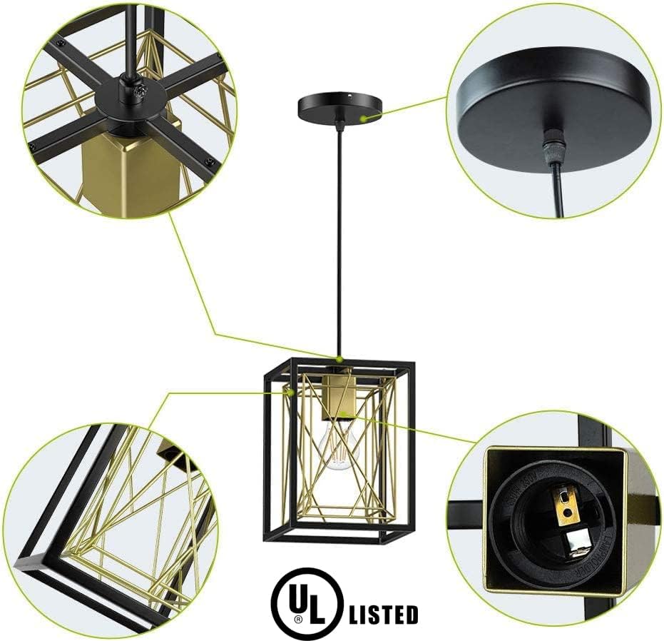 1 Light Black Lantern Pendant Light Fixture, Rustic Hallway Chandelier Lighting with Adjustable Cord, Rectangle Metal Cage Hanging Lights for Foyer/Kitchen Island/Bar/Entryway, 1XE26 Base