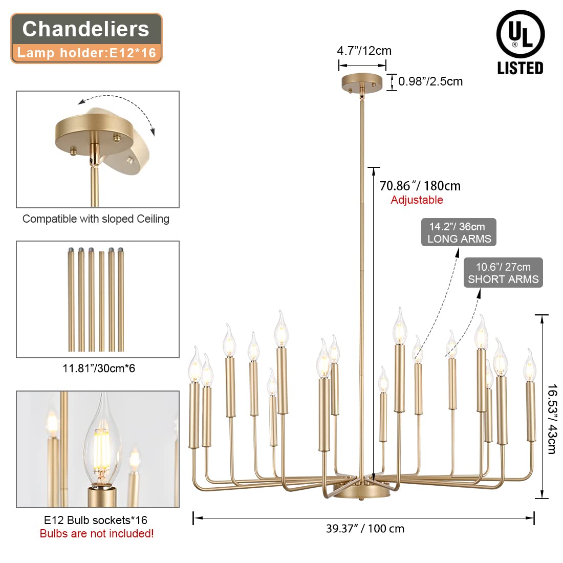 Modern Gold Chandelier, 12-Light Rustic Farmhouse Chandelier, Metal Industrial Candle Chandeliers for Dining Room, Kitchen, Foyer, Entryway, Living Room