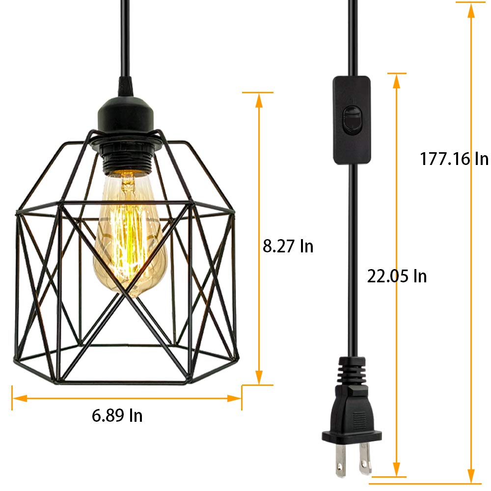 Industrial Plug in Pendant Light, Black Cage Pendant Light Fixture with On/Off Switch, E26 Socket Vintage Hanging Light, Farmhouse Pendant Lighting for Kitchen Living Room Dining Room