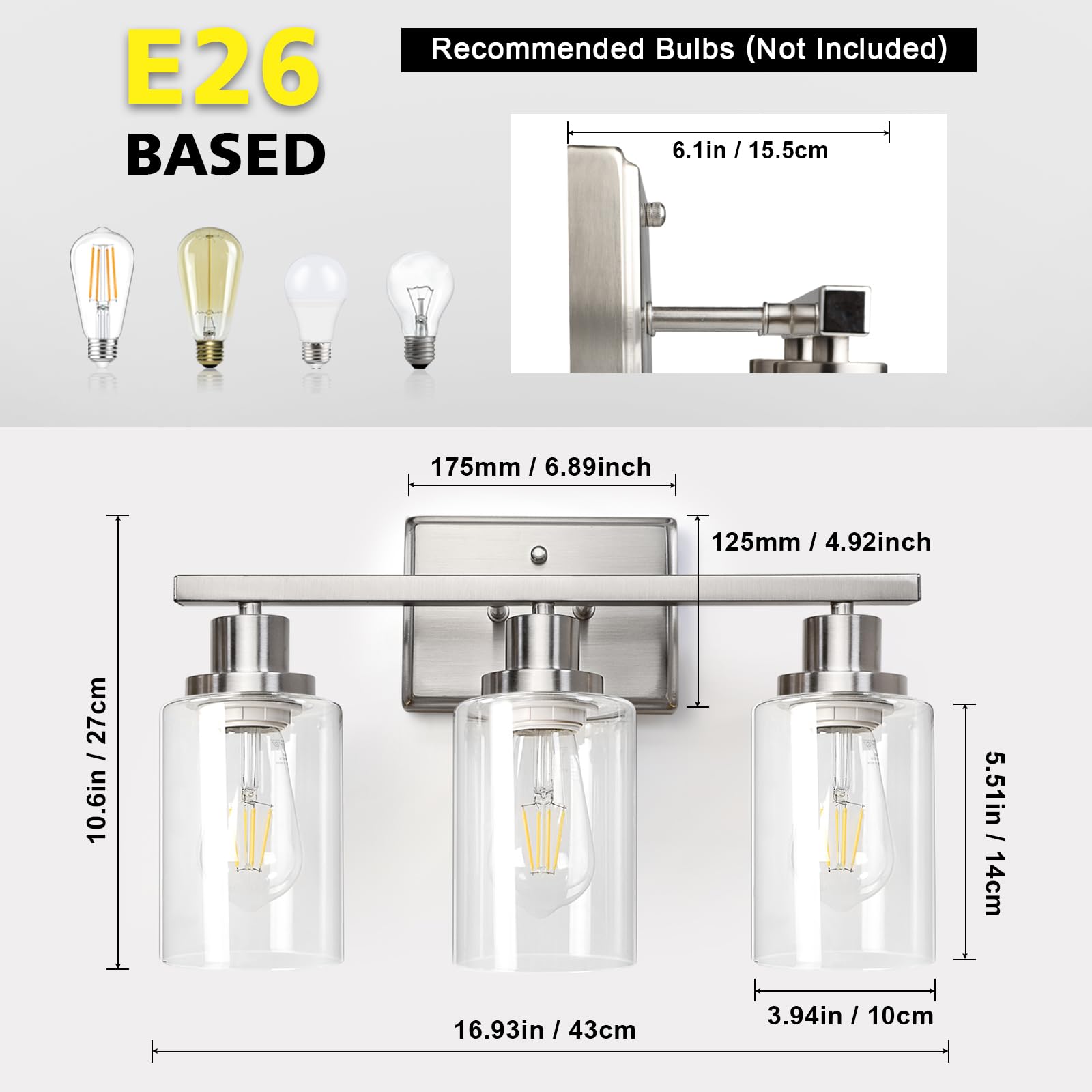 Ascher Bathroom Vanity Light Fixtures, 3 Light Wall Sconces Lighting with Clear Glass Shade, Brushed Nickel Wall Lights for Mirror, Kitchen, Living Room, Gallery, E26 Base (Bulbs Not Included)