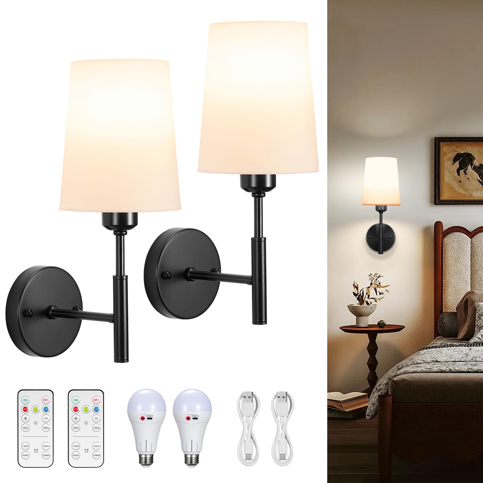 Wall Sconces Battery Operated, Battery Operated Wall Sconce, Not Wiring Rechargeable Battery Wall Sconce with Remote, Wireless Sconces Set of 2, Battery Wall Lamp/Lights for Bedroom (Black)