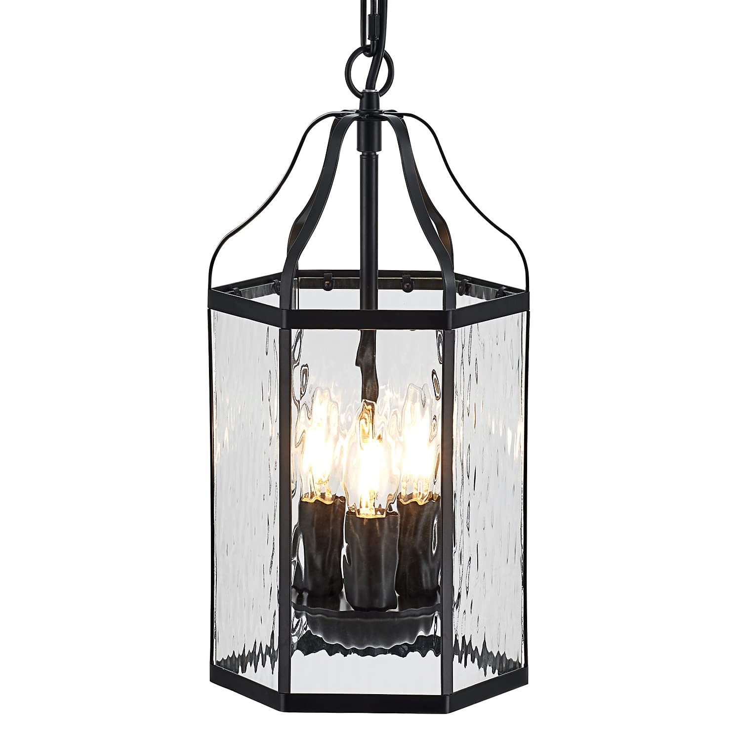 8" Modern 3-Light Exterior Black Lantern Pendant Light Fixture with Clear Rippled Glass Mini Industrial Hanging Cage Chandelier for Outdoor Kitchen Dining Room Hallway Entryway Foyer Porch