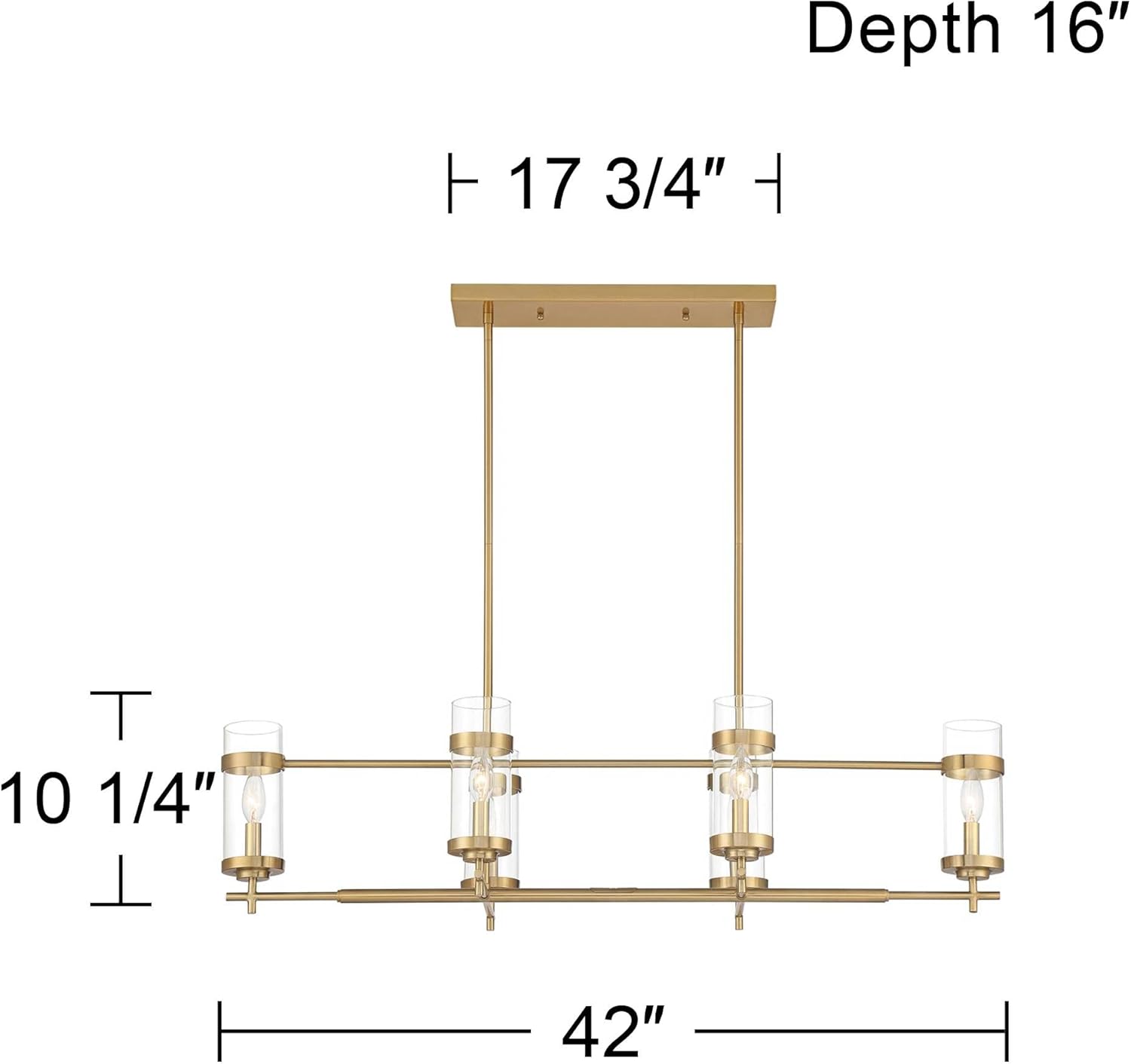 Euro Design Gold Linear Island Pendant Chandelier Lighting 42" Wide Modern Clear Glass Cylinder Shade 6-Light Fixture for Kitchen Dining Room Living House Home Foyer Entryway