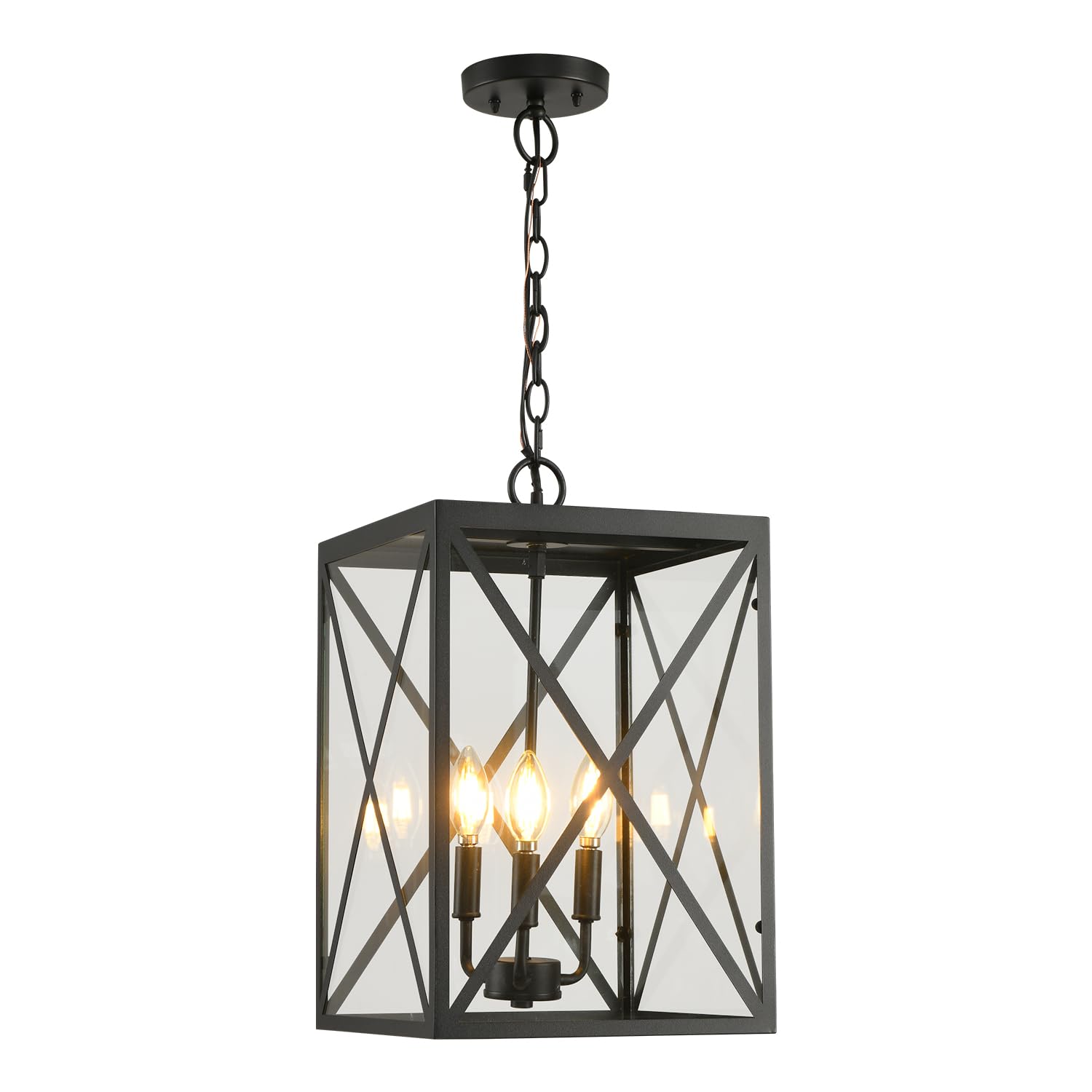 Outdoor Pendant Light Exterior Hanging Lantern, Large Outdoor Hanging Porch Light, Matte Black Finish with Clear Glass, 3 Light Outdoor Chandelier