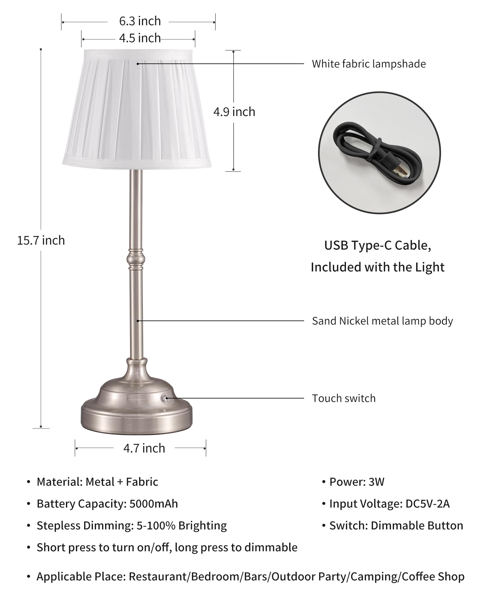 KDG Portables Cordless Table Lamp, Fabric Shade Desk Lamp, 5000mAh Rechargeable Battery Powered Lighting, Dimmable Light for Dining Room, Bedroom, Bedside, Bar, Night Light, Camping, Balcony (Bronze)