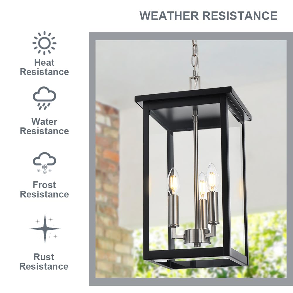 3-Lights Large Outdoor Pendant Lighting Clear Glass, Ceiling Porch Light Fxitures Adjustable Chain for Foyer Patio, Exterior Hanging Lantern Lamp, E12 Bulb Base, Black & Bruhed Brass