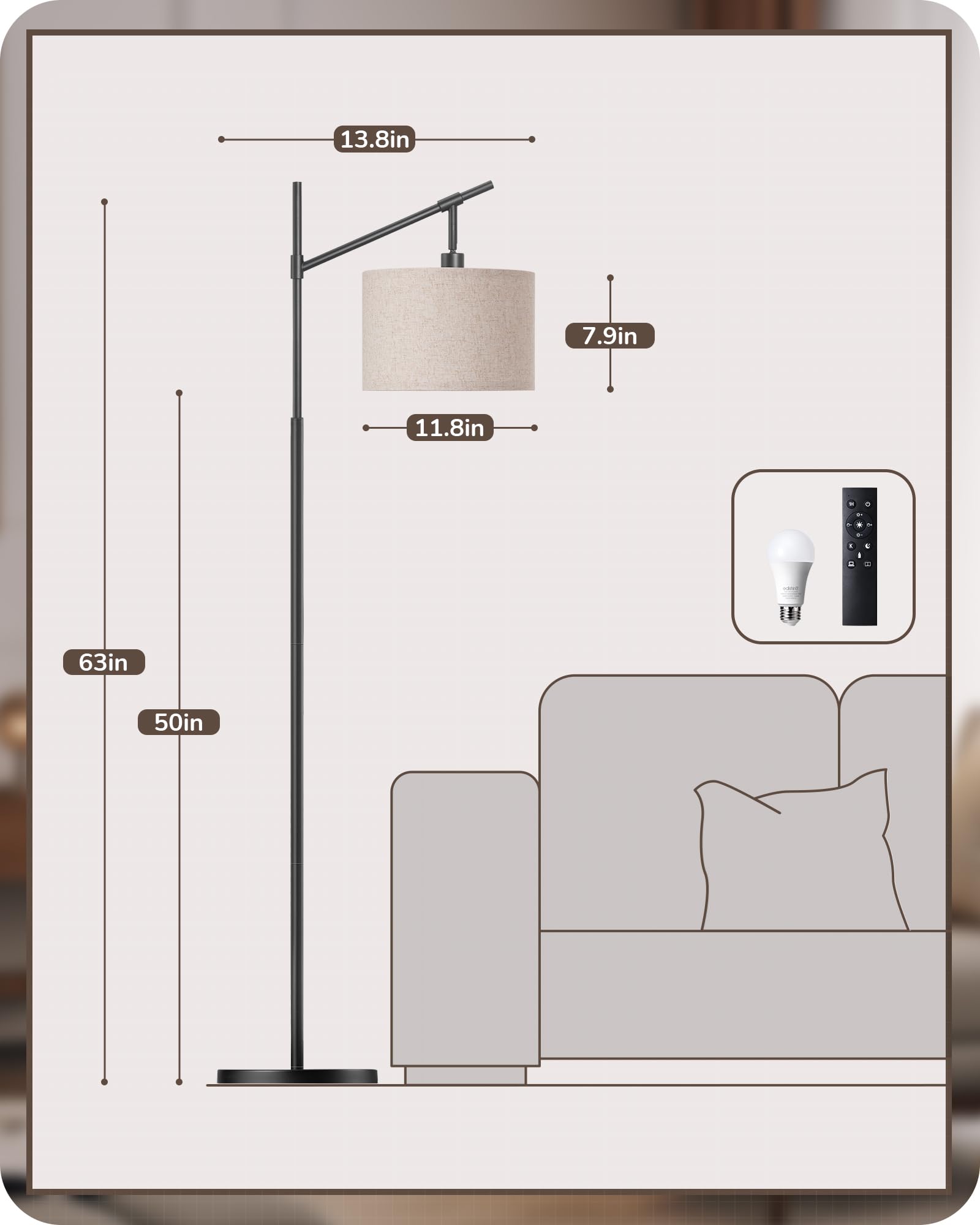 Modern Dimmable Floor Lamp, 63.8" Standing Lamp with Remote Control, E26 Socket, ACR Floor Lamp with Beige Shade for Bedroom, Living Room, Office, LED Bulb Included (Black)