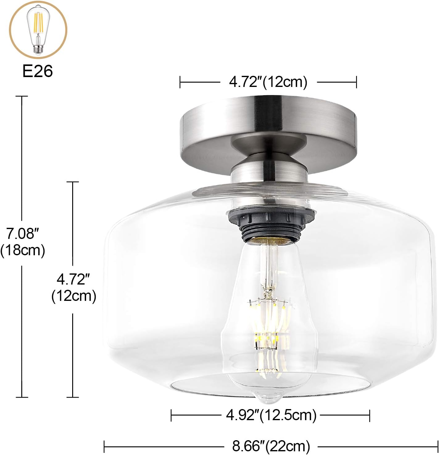 Semi Flush Mount Ceiling Light,Clear Glass Shade, E26 Socket,Brushed Nickel Ceiling Light Fixtures for Hallway,Entryway,Porch