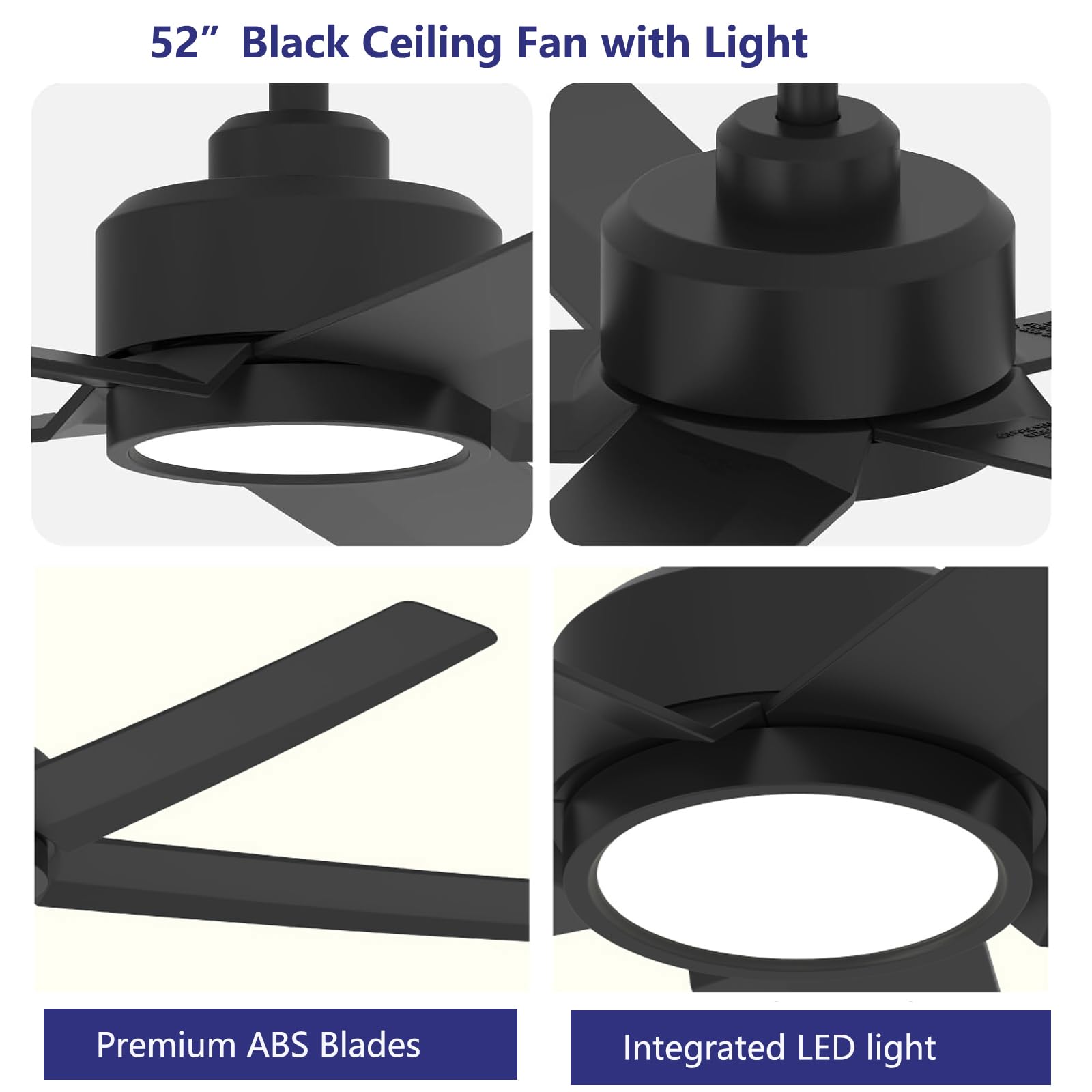 Ceiling Fans with Lights, 52 inch Black Ceiling Fan with Light and Remote Control, 3CCT, Quiet DC Motor, 5 Blades Modern Ceiling Fan for Living Room Farmhouse Bedroom