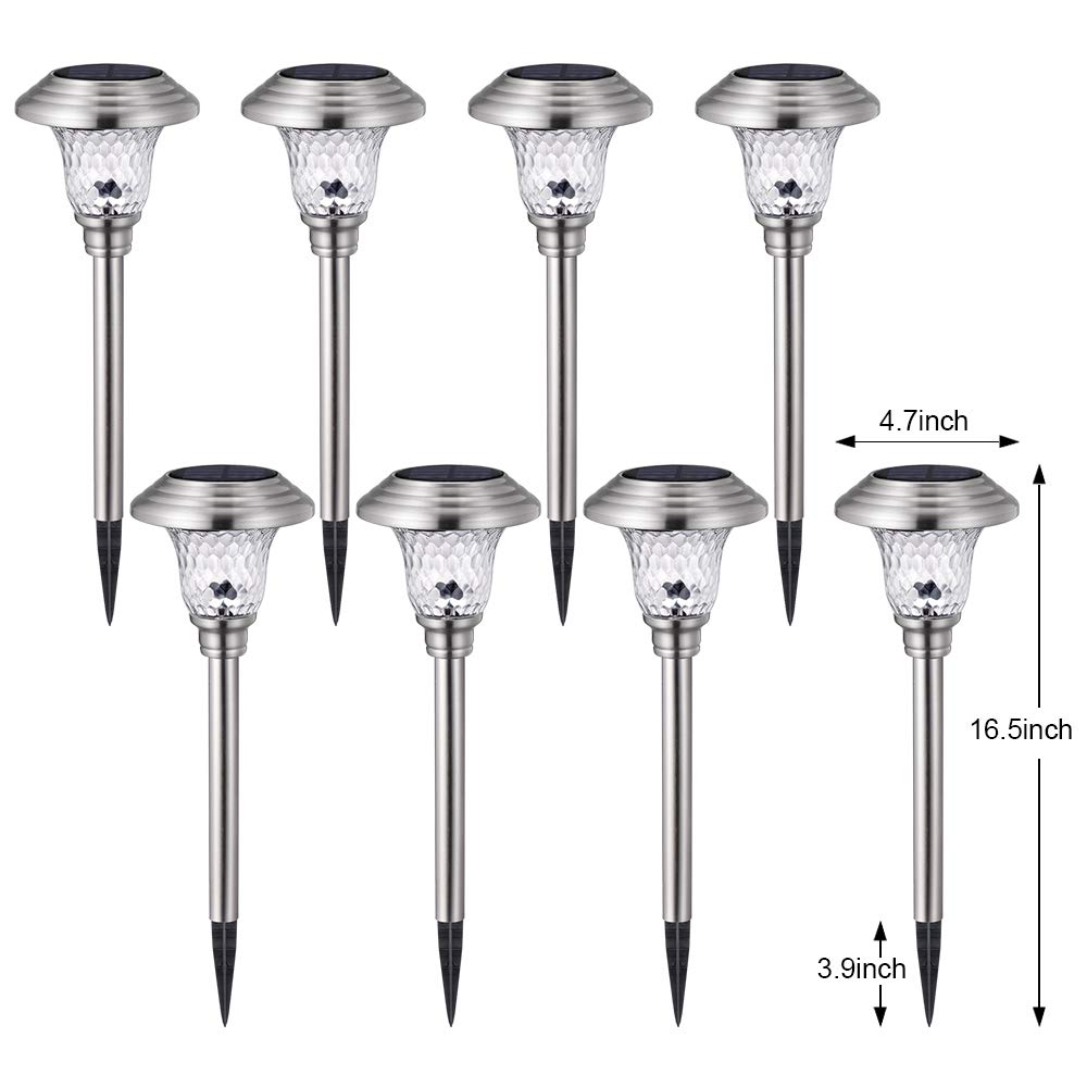 8 Pack Solar Pathway Lights Color Changing + Bright White Outdoor Garden Stake Glass LED Stainless Steel Waterproof Landscape Path Lighting for Yard Walkway Driveway Outside Black