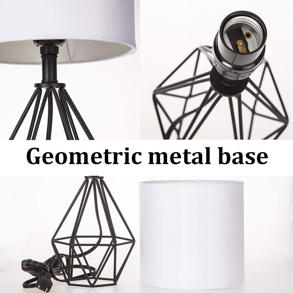 Gold Modern Hollow Out Base Bedroom Small Table Lamp,Bedside Nightstand Lamp with Geometric Metal Base White Fabric Shade,Cute Desk Lamp for Kids Living Room