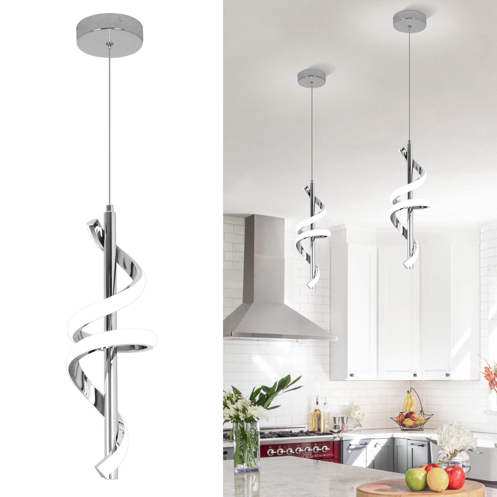 Spiral Led Pendant Light Fixtures, 5500K Cold White Modern Led Pendant Light Kitchen Island, Adjustable Height Kitchen Island Lights Fixtures for Dining Room Kitchen Bedroom Sink