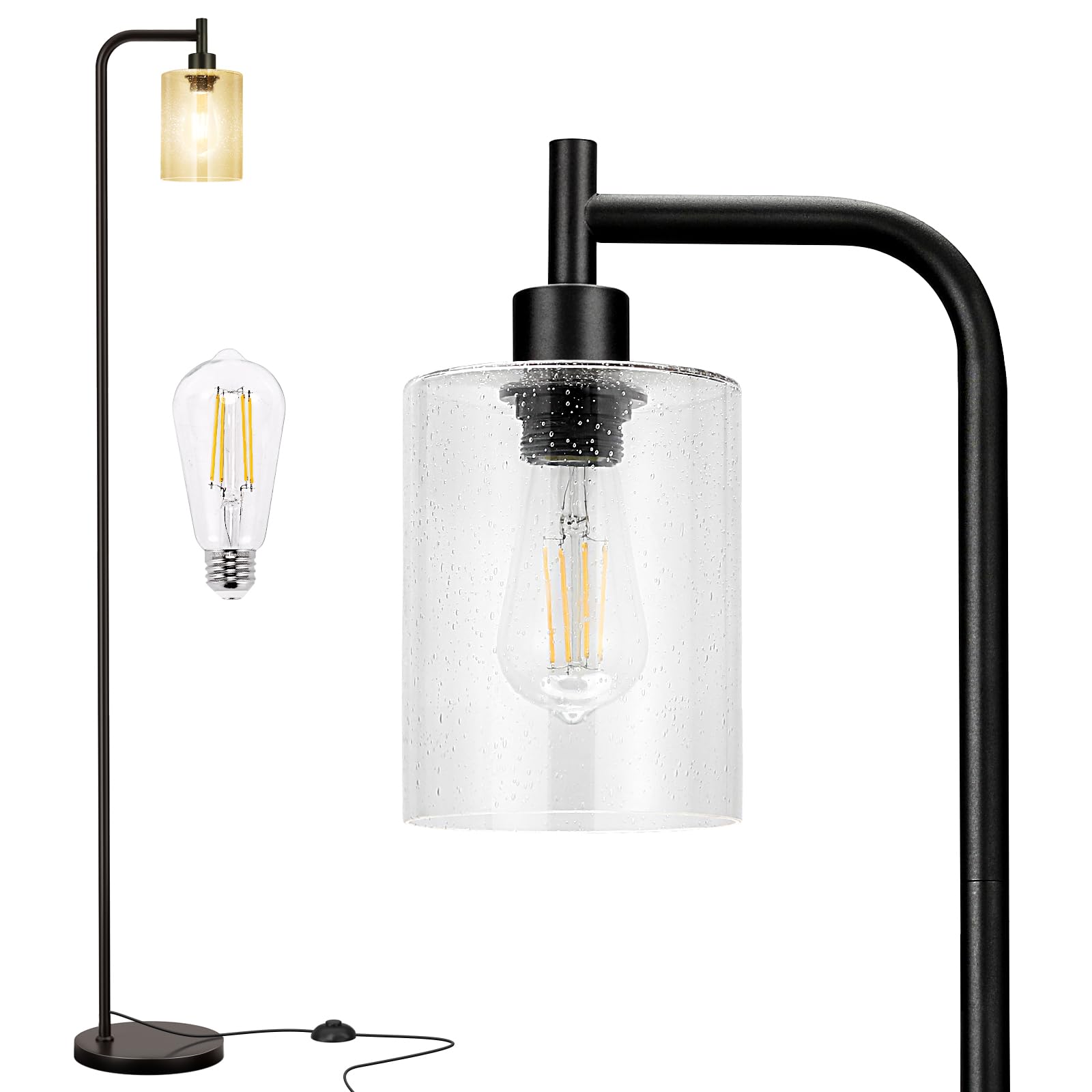 Industrial Floor Lamp with Glass Shade - Black, LED Bulbs, Foot Pedal Switch, Easy Assembly