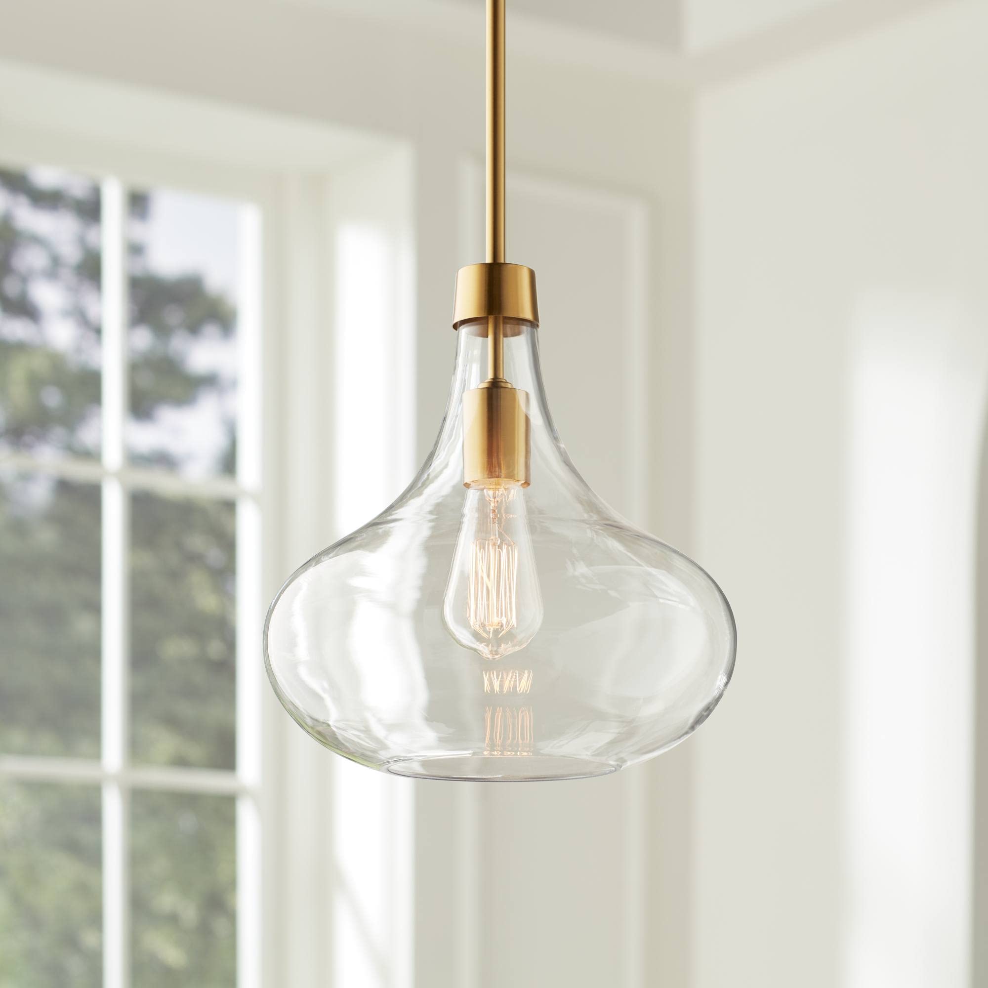 Euro Design Pendant Light Fixture - Single Bulb, Clear Glass Shade, Mini Gold Pendant Light for Kitchen Islands, Living Rooms, Bedrooms, Dining Rooms, and Foyers - 11" Wide, 11" High